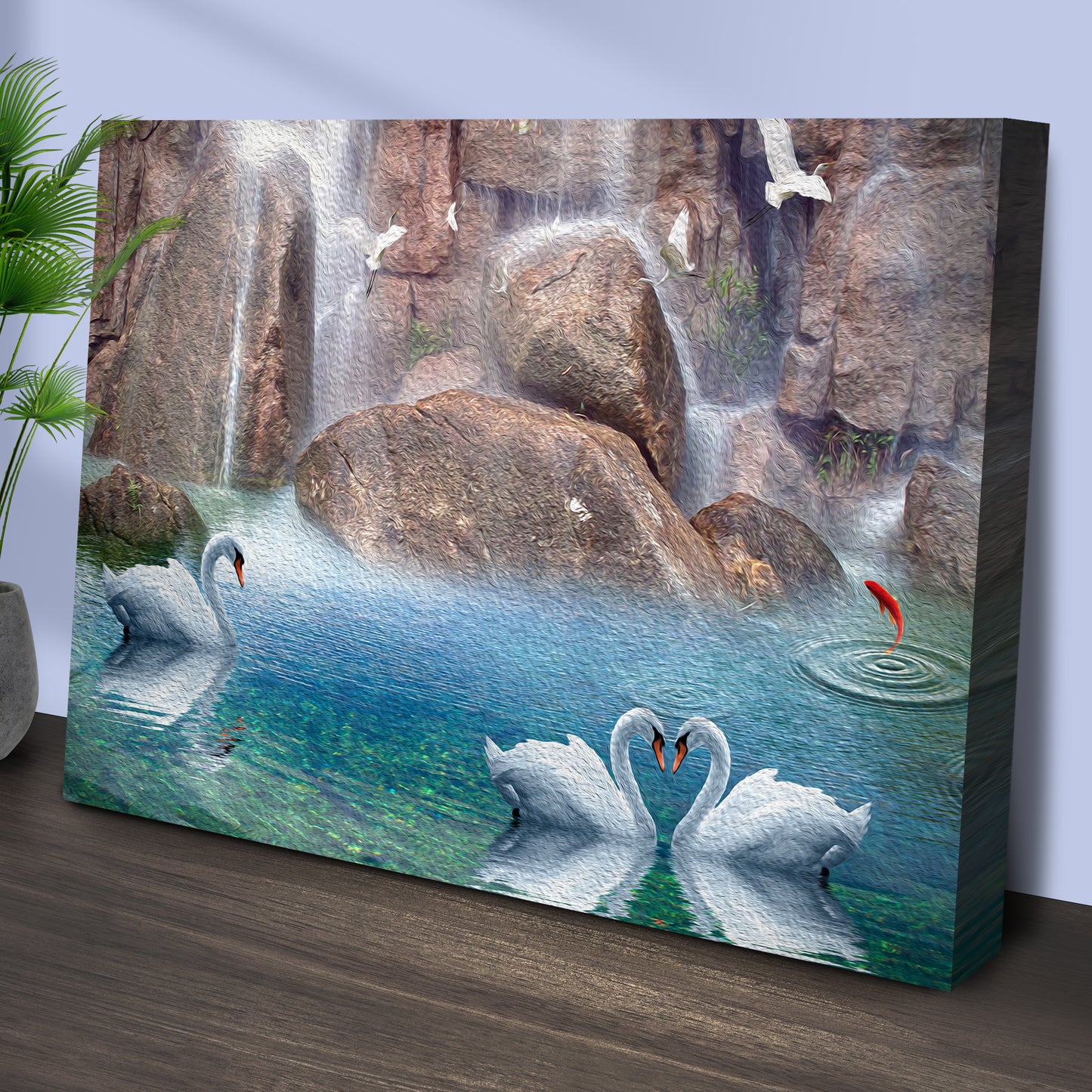 Swans by the Waterfall Canvas Wall Art Style 2 - Image by Tailored Canvases