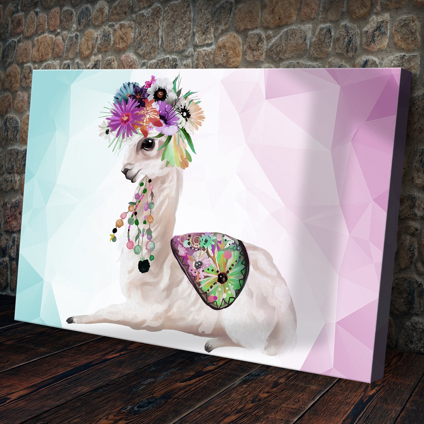 Geometric Flower Crowned Llama Cartoon Canvas Wall Art Style 2 - Image by Tailored Canvases