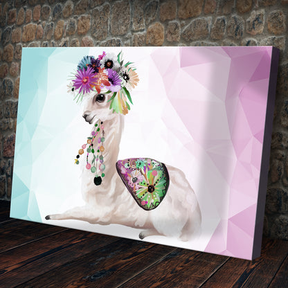 Geometric Flower Crowned Llama Cartoon Canvas Wall Art Style 2 - Image by Tailored Canvases