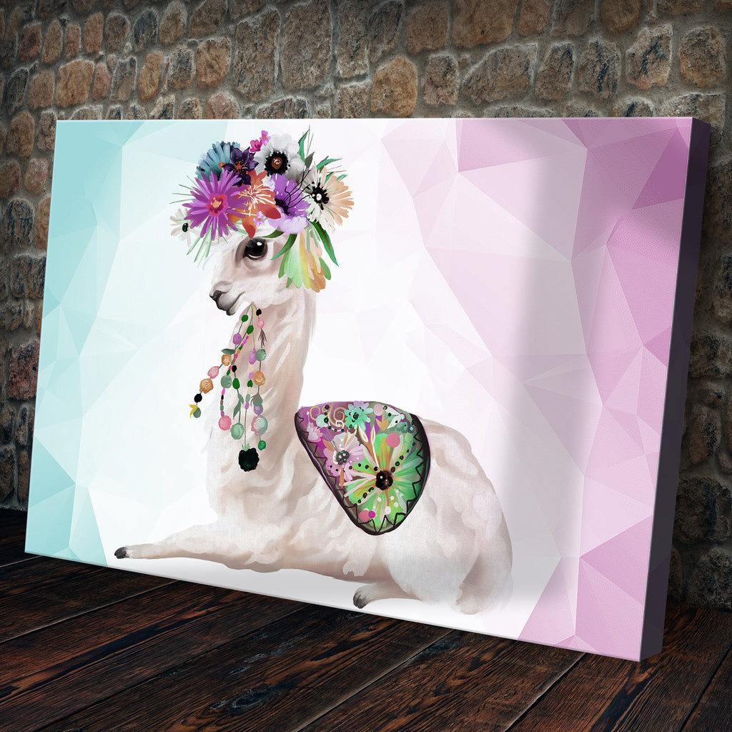 Geometric Flower Crowned Llama Cartoon Canvas Wall Art by Tailored Canvases