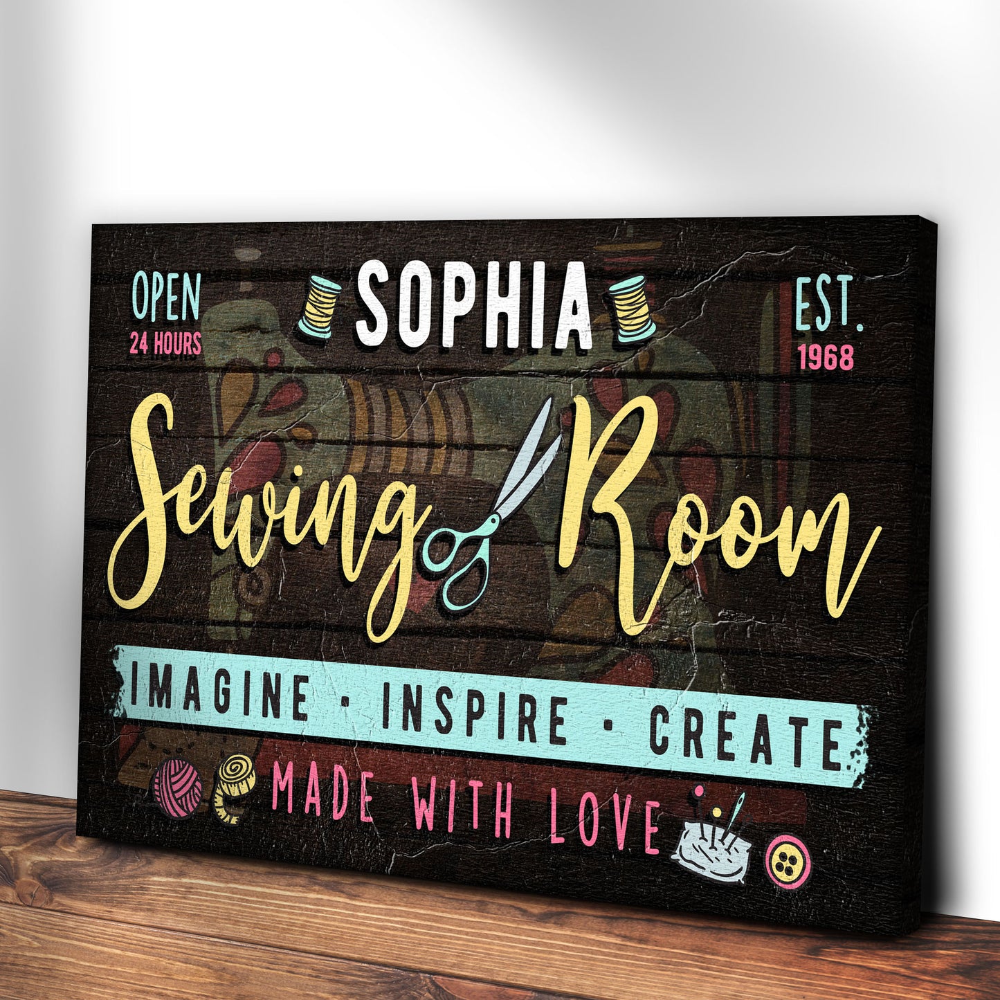 Imagine Inspire Create Sewing Room Sign | Customizable Canvas Style 2 - Image by Tailored Canvases