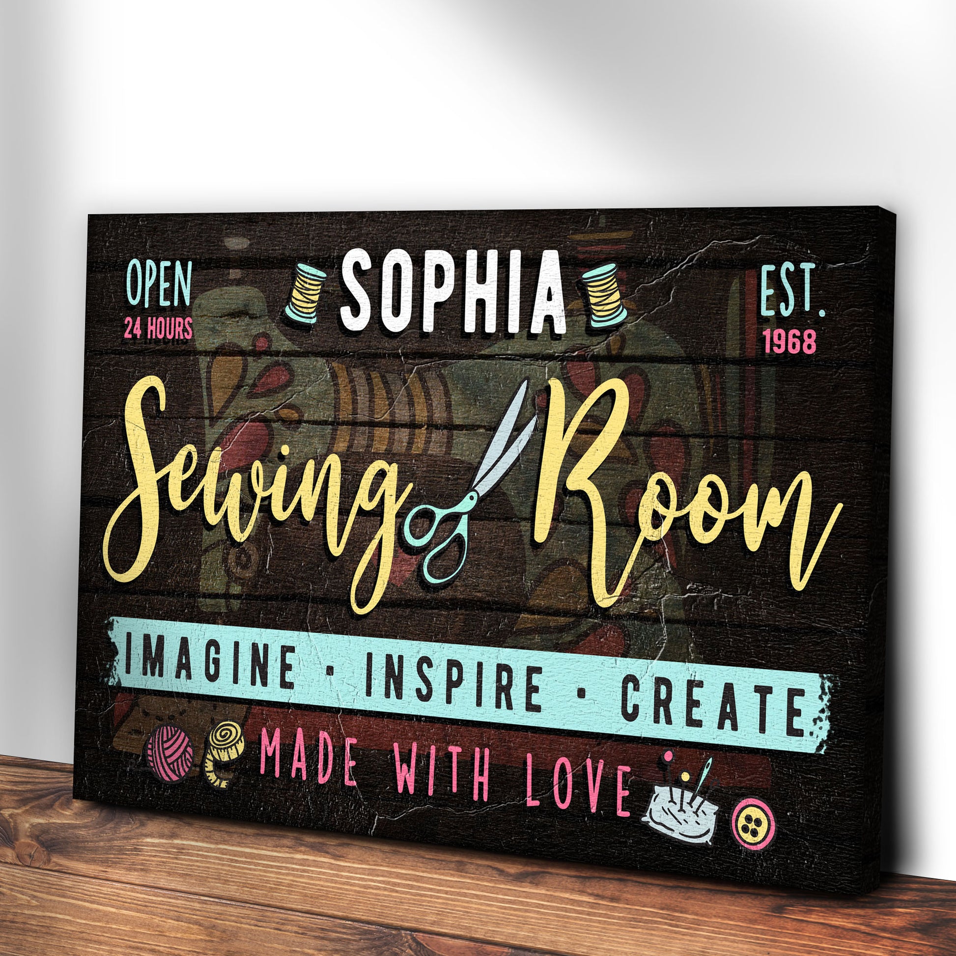 Imagine Inspire Create Sewing Room Sign | Customizable Canvas Style 2 - Image by Tailored Canvases