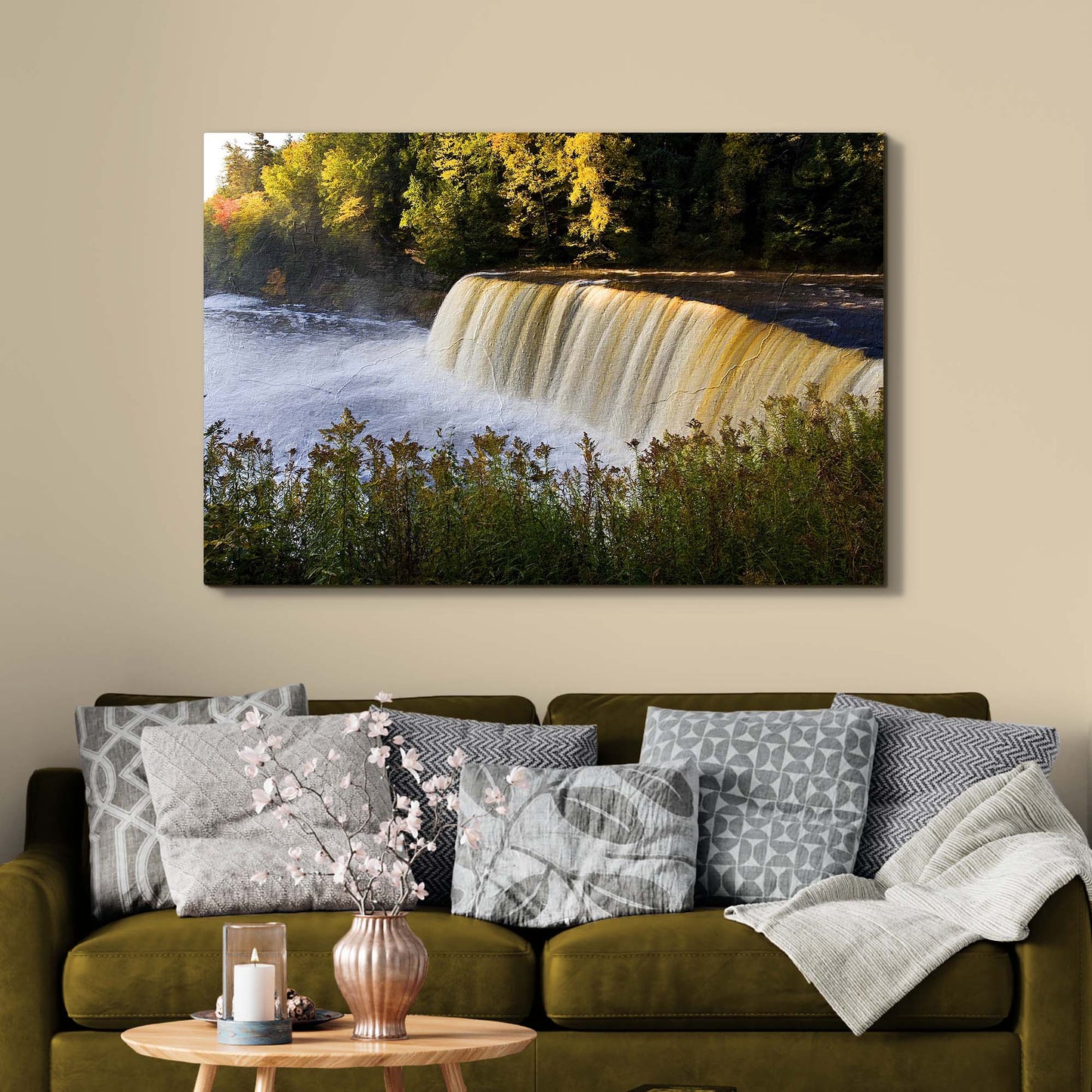 Michigan Autumn Waterfall Rapids Canvas Wall Art Style 2 - Image by Tailored Canvases
