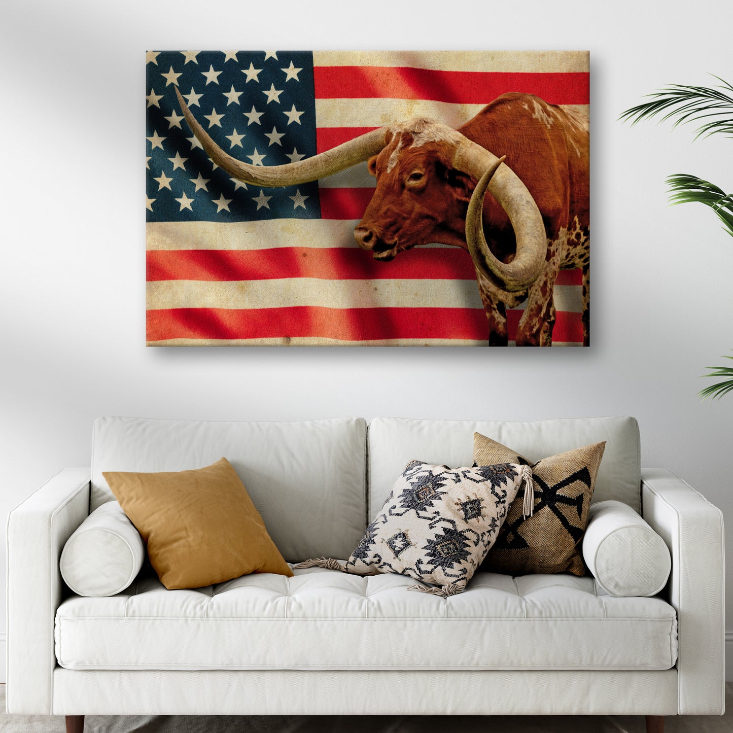 Longhorn American Flag Canvas Wall Art Style 2 - Image by Tailored Canvases