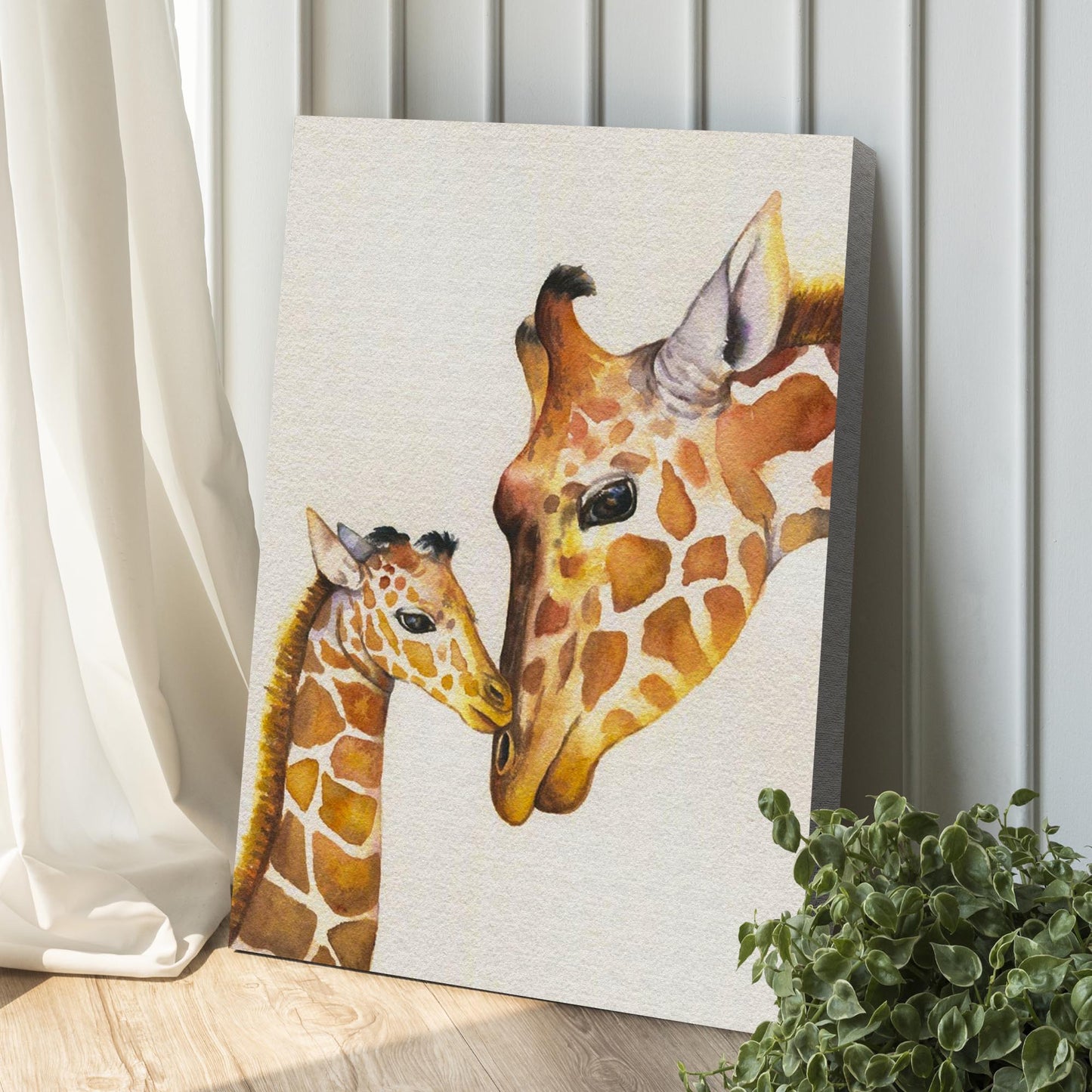 Mom and Baby Giraffe Watercolor Portrait Canvas Wall Art Style 2 - Image by Tailored Canvases