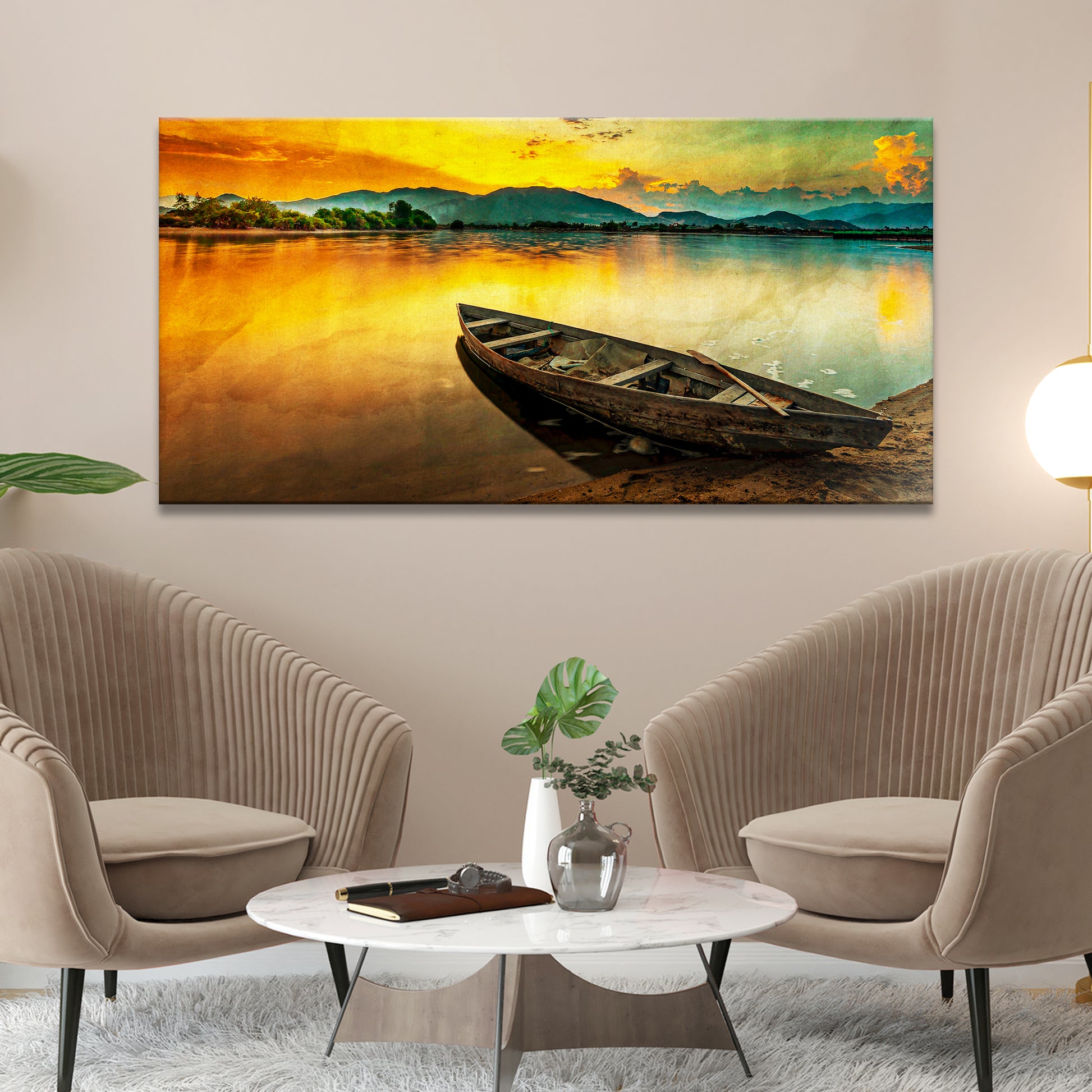 Abandoned Boat By The River At Sunset Wall Art - Image by Tailored Canvases