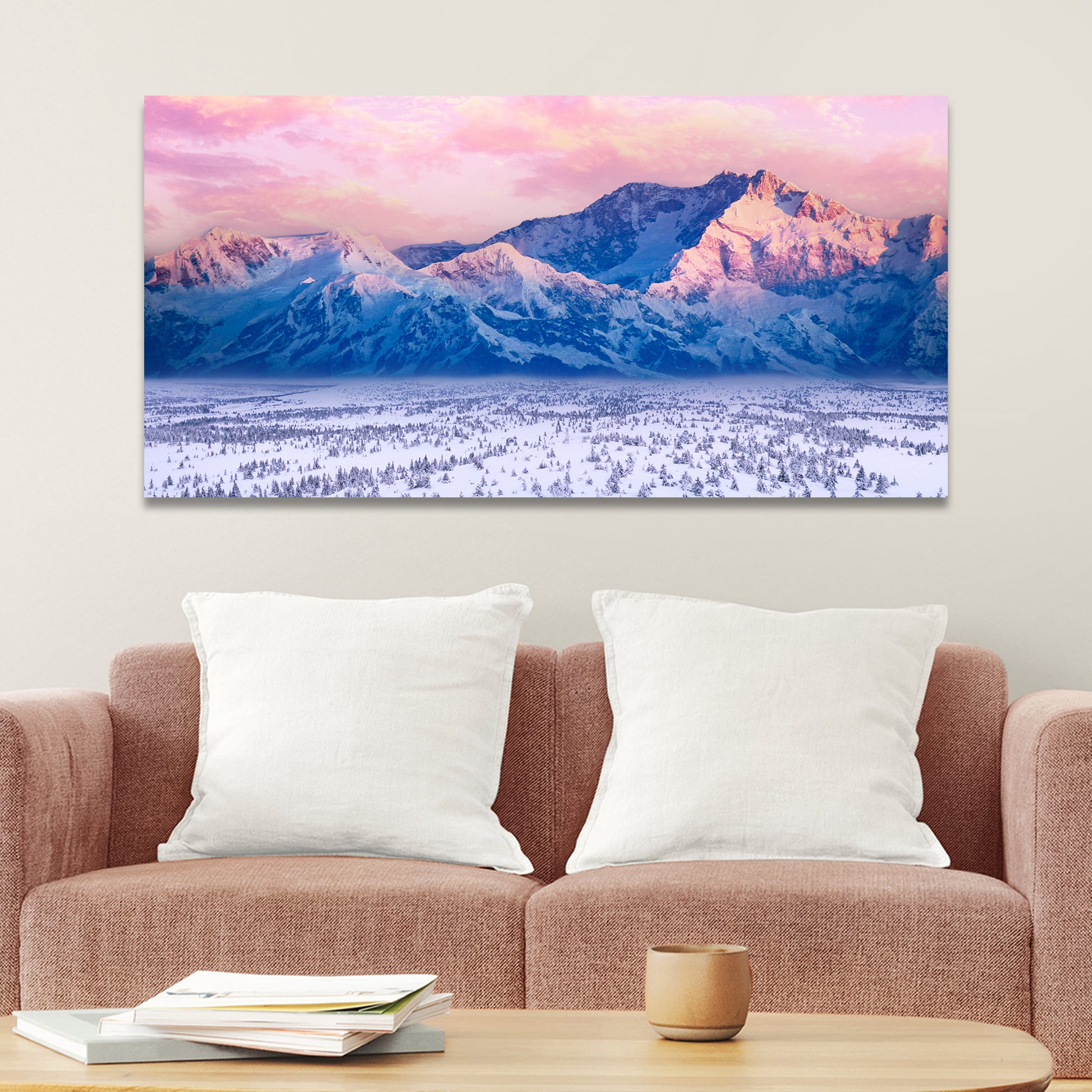 Pink Skies Over Snow Capped Mountain Canvas Wall Art Style 2 - Image by Tailored Canvases