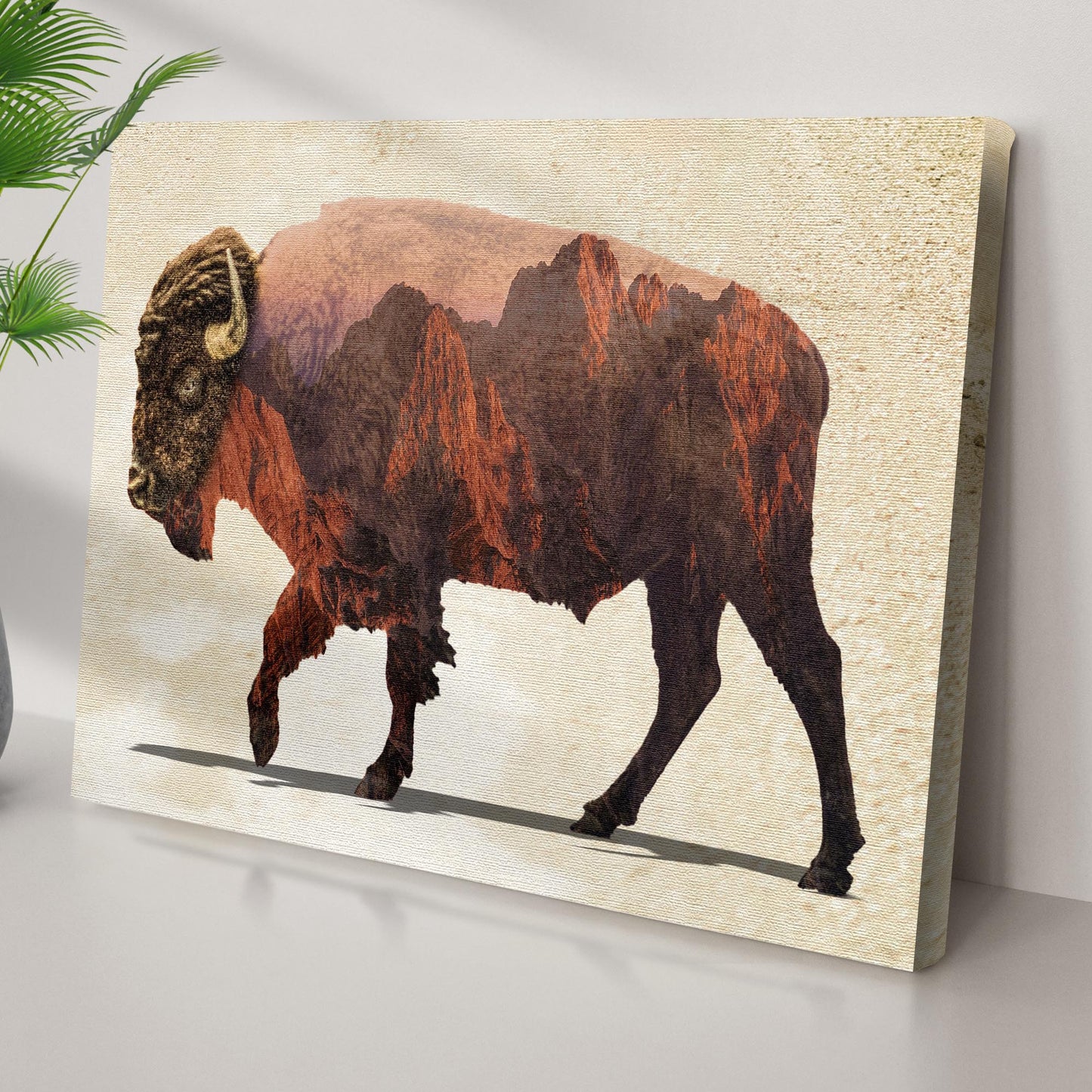 Double Exposure Buffalo with Mountains Canvas Wall Art Style 2 - Image by Tailored Canvases