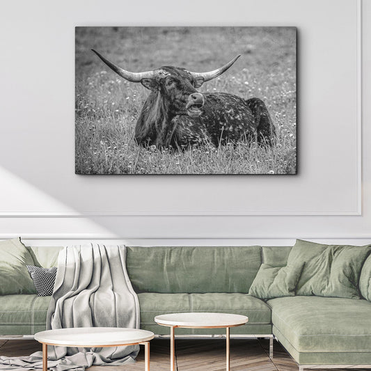 Black And White Longhorn Bull Canvas Wall Art Style 2 - Image by Tailored Canvases