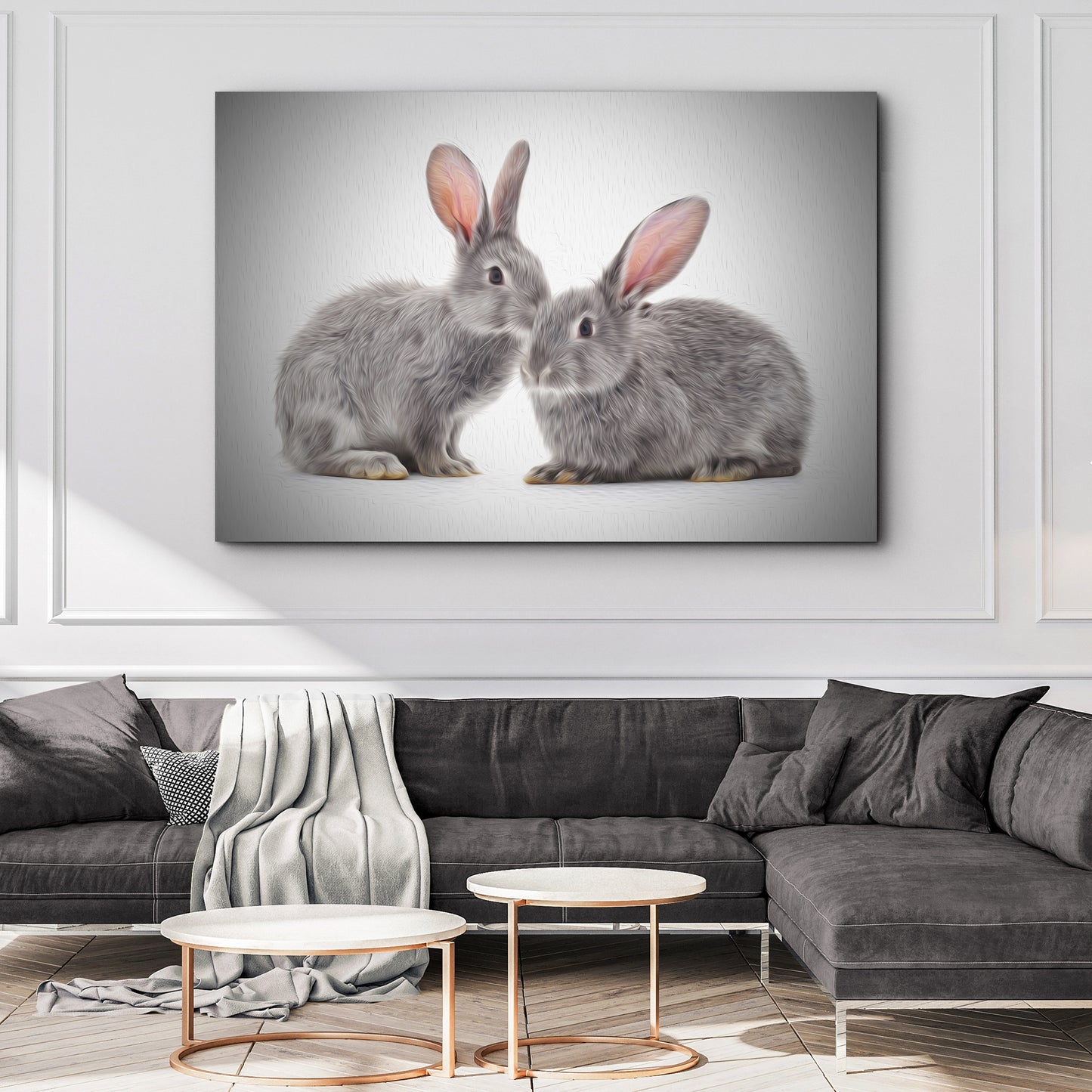 Gray Rabbits Oil Paint Canvas Wall Art Style 2 - Image by Tailored Canvases