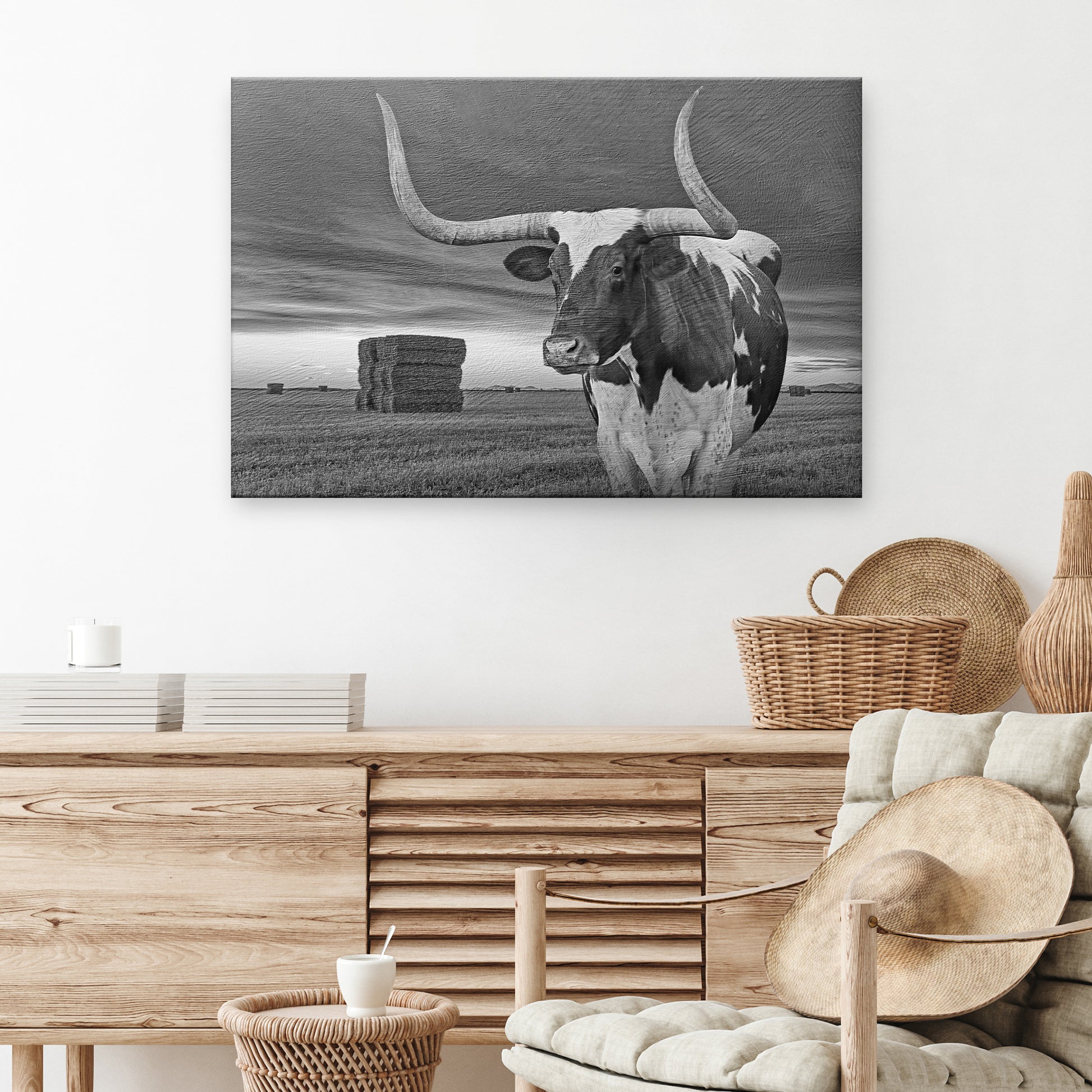 Longhorn Barn Life In Black And White Canvas Wall Art Stylw 2 - Image by Tailored Canvases