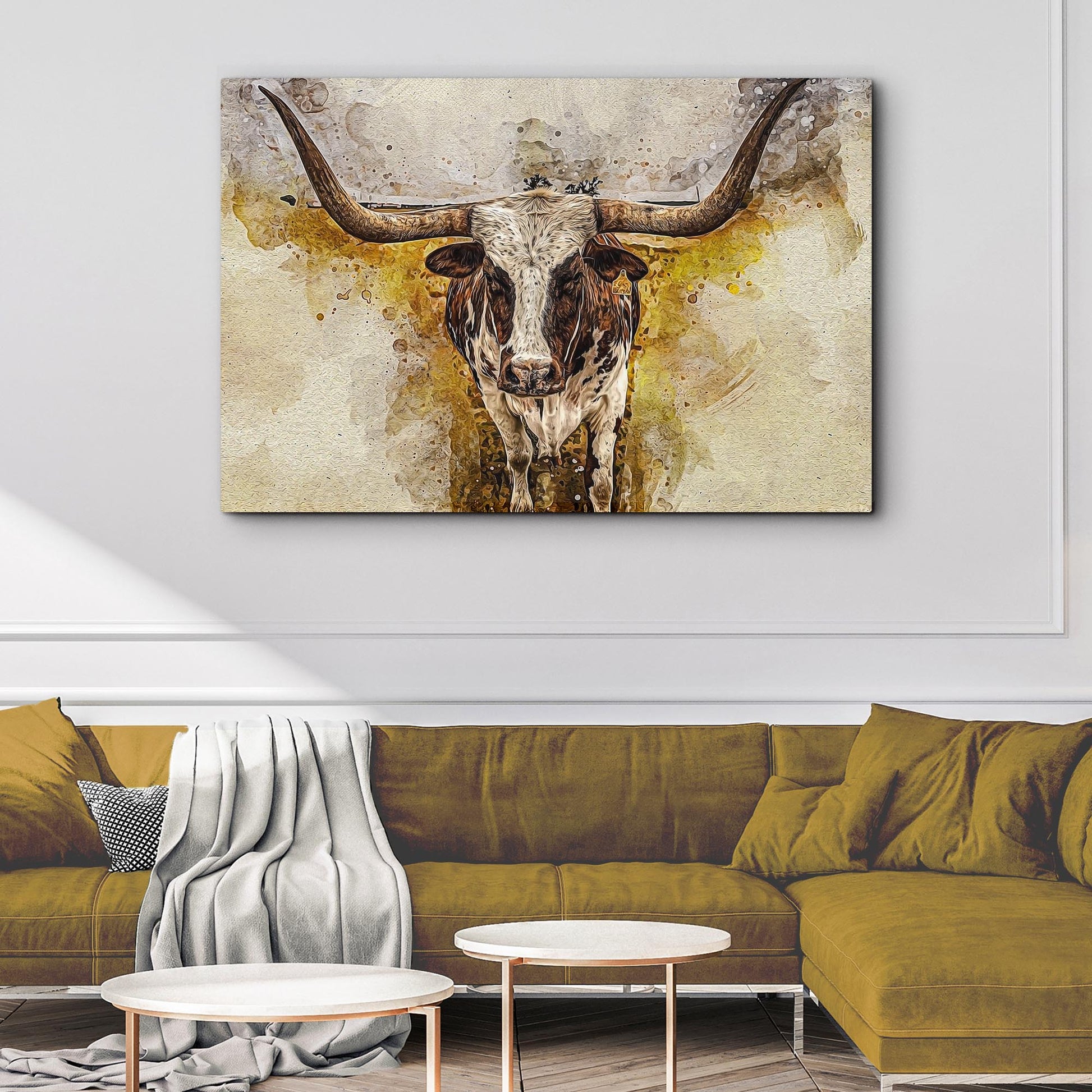 Texas Longhorn Watercolor Like Canvas Wall Art Style 2 - Image by Tailored Canvases