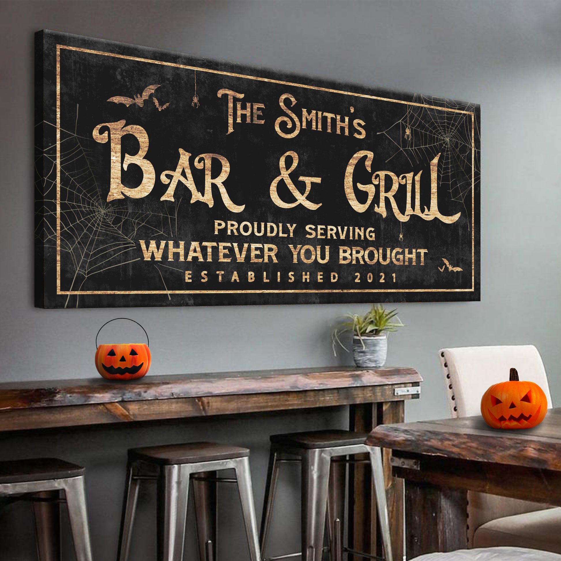 Tailored Canvases | Spooky Bar & Grill cute Halloween signs of rustic wood labels with webs and bats on a chalked black canvas.