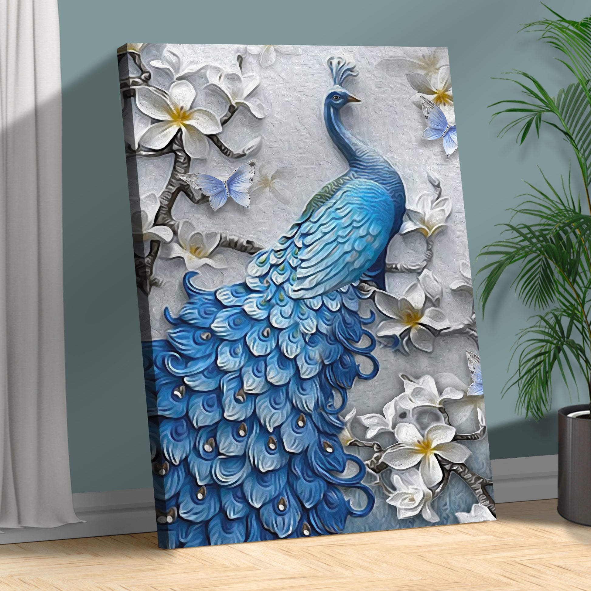 Elegant Peacock and White Magnolias Painting Portrait Canvas Wall Art Style 2 - Image by Tailored Canvases