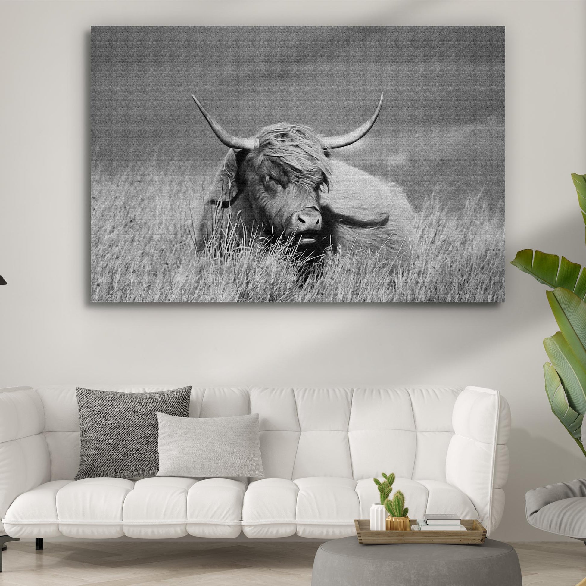 Black And White Highland Cow Canvas Wall Art Style 2 - Image by Tailored Canvases