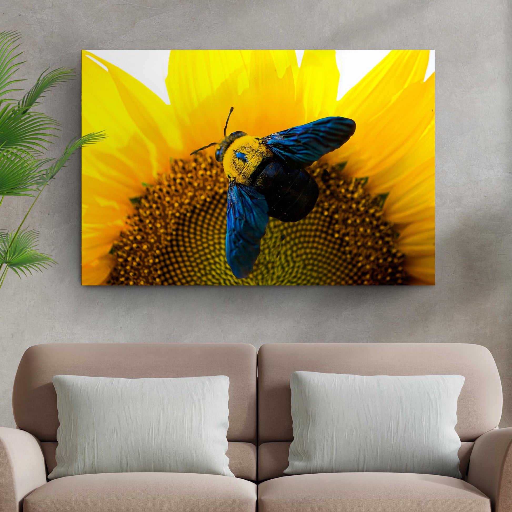 Bee Hoverfly Above A Sunflower Canvas Wall Art Style 2 - Image by Tailored Canvases