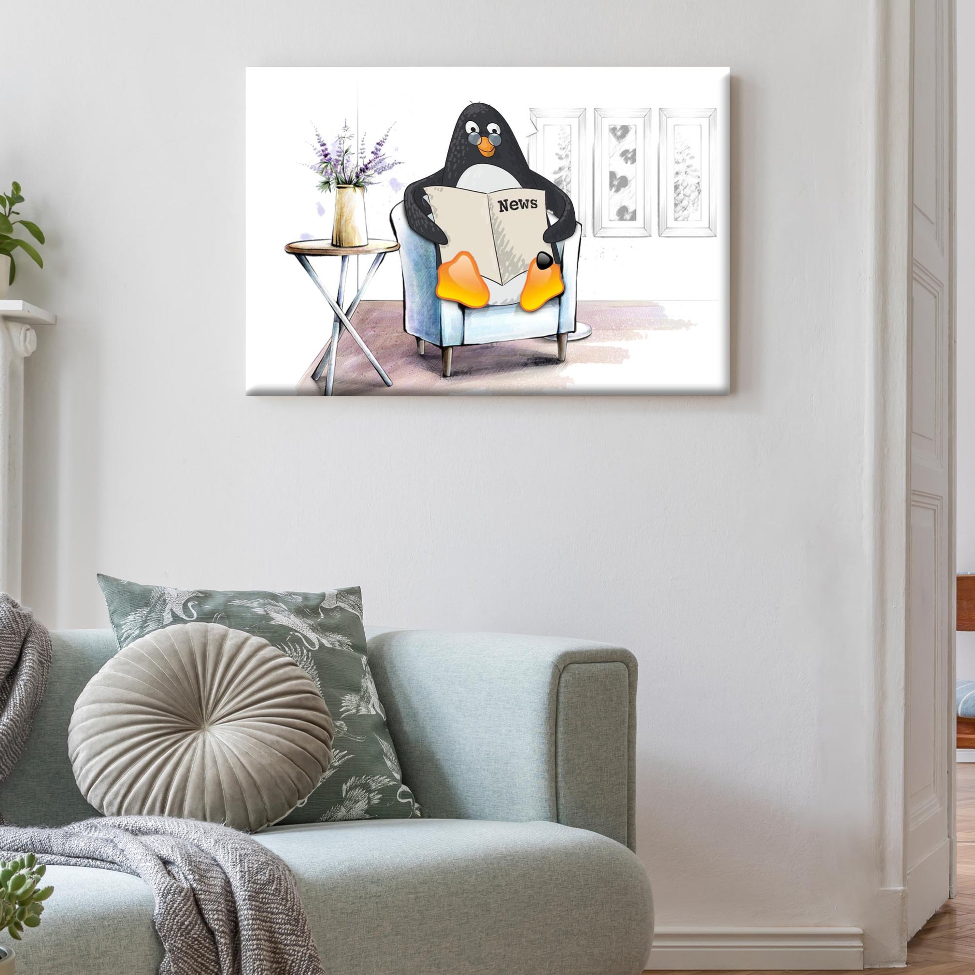 Penguin Reading Newspaper Canvas Wall Art II