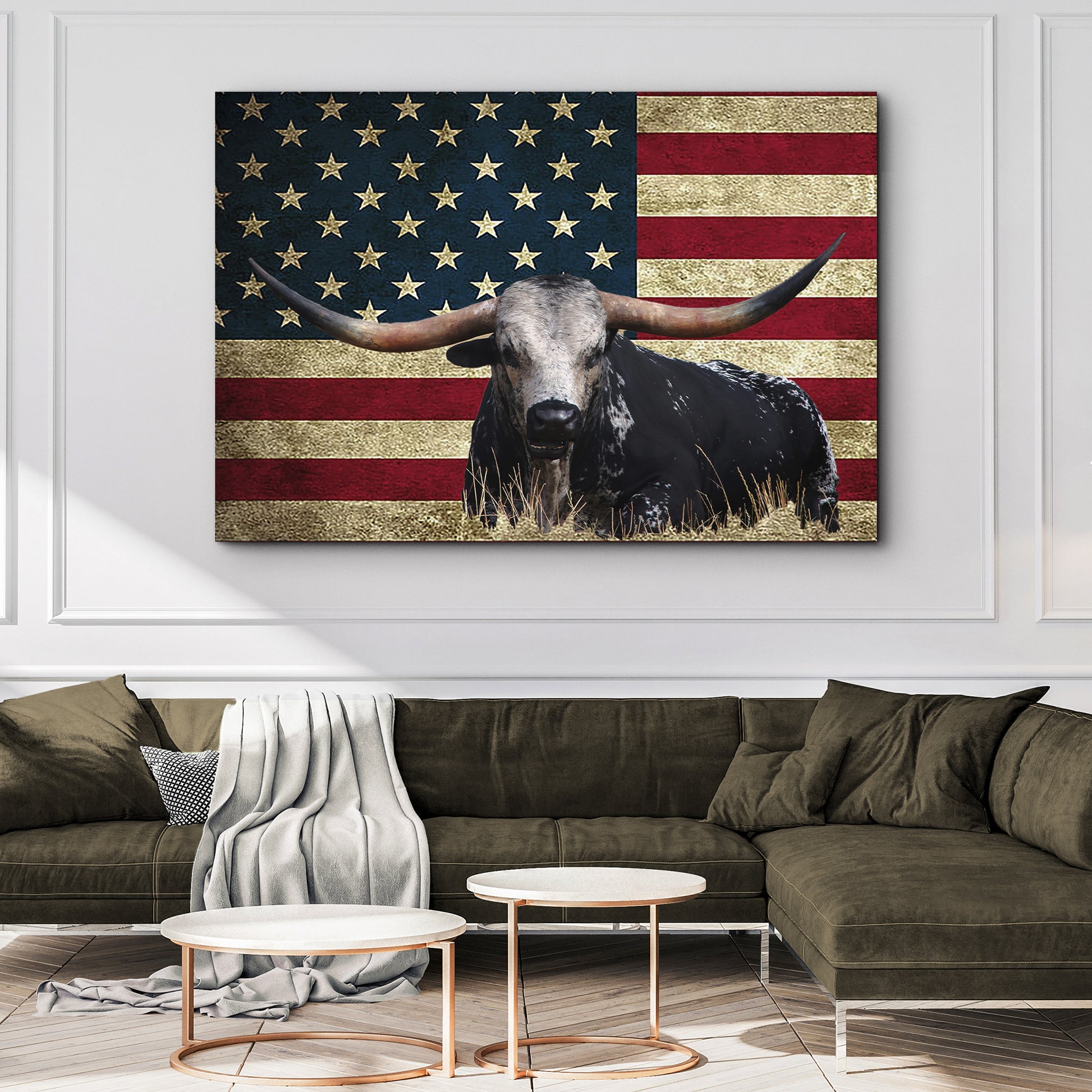 Longhorn Cattle American Flag Canvas Wall Art Style 2 - Image by Tailored Canvases