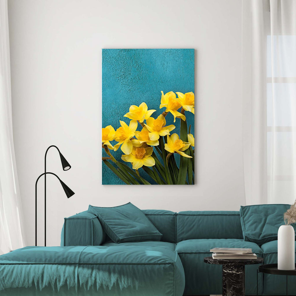 Flowers Daffodils on Teal Canvas Wall Art by Tailored Canvases