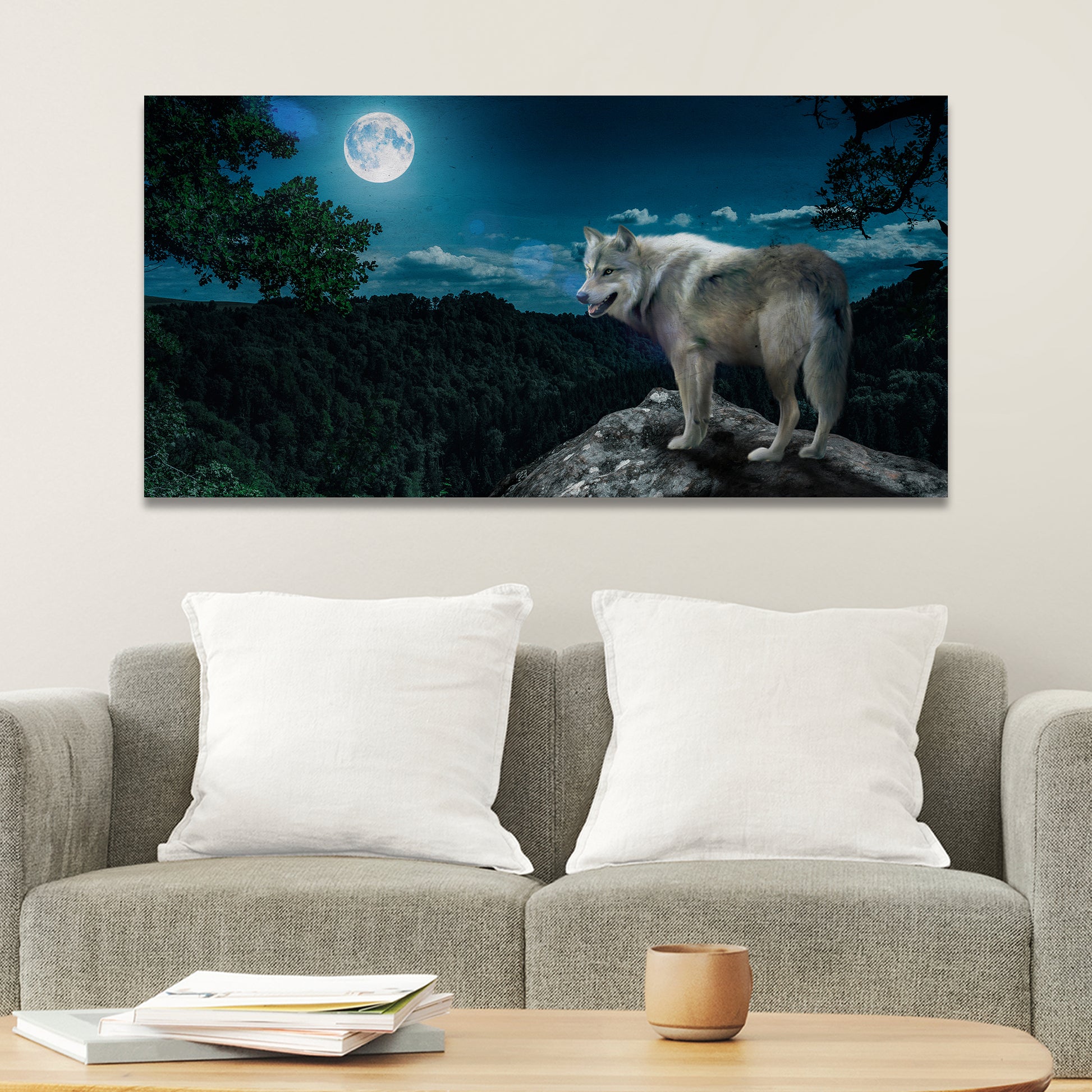 Lone Wolf By The Full Moon Canvas Wall Art Style 2 - Image by Tailored Canvases