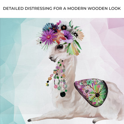 Geometric Flower Crowned Llama Cartoon Canvas Wall Art Zoom - Image by Tailored Canvases