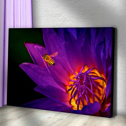 Dramatic Bee On Purple Flower Canvas Wall Art