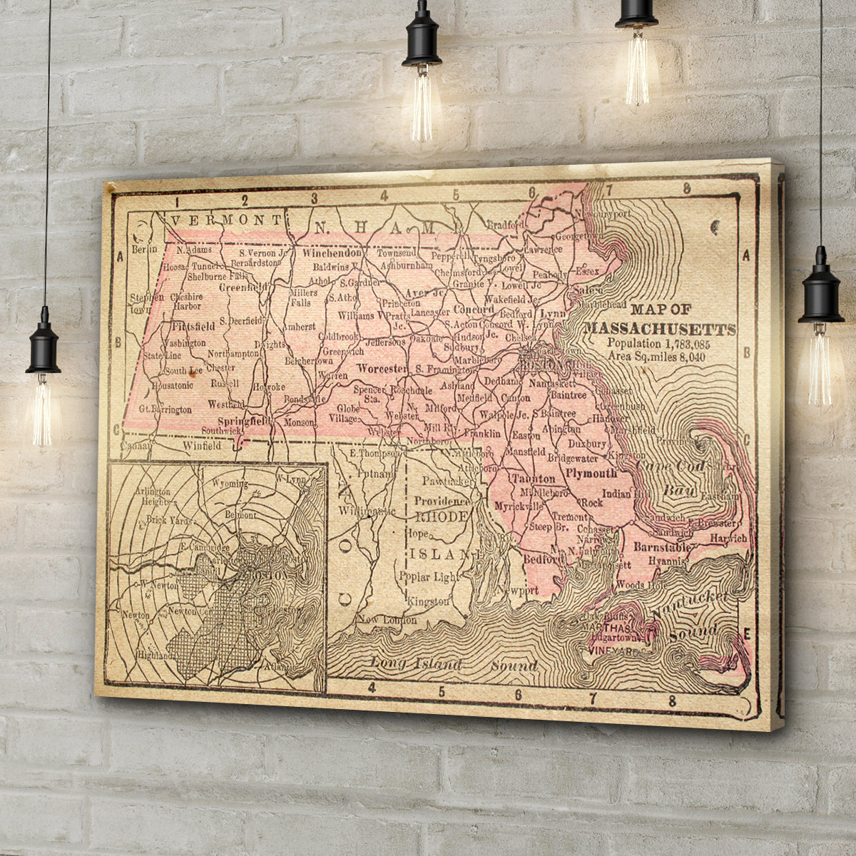 US States Map Massachusetts Canvas Wall Art Style 2 - Image by Tailored Canvases