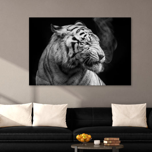 Black and White Smoking Tiger Canvas Wall Art  - Image by Tailored Canvases