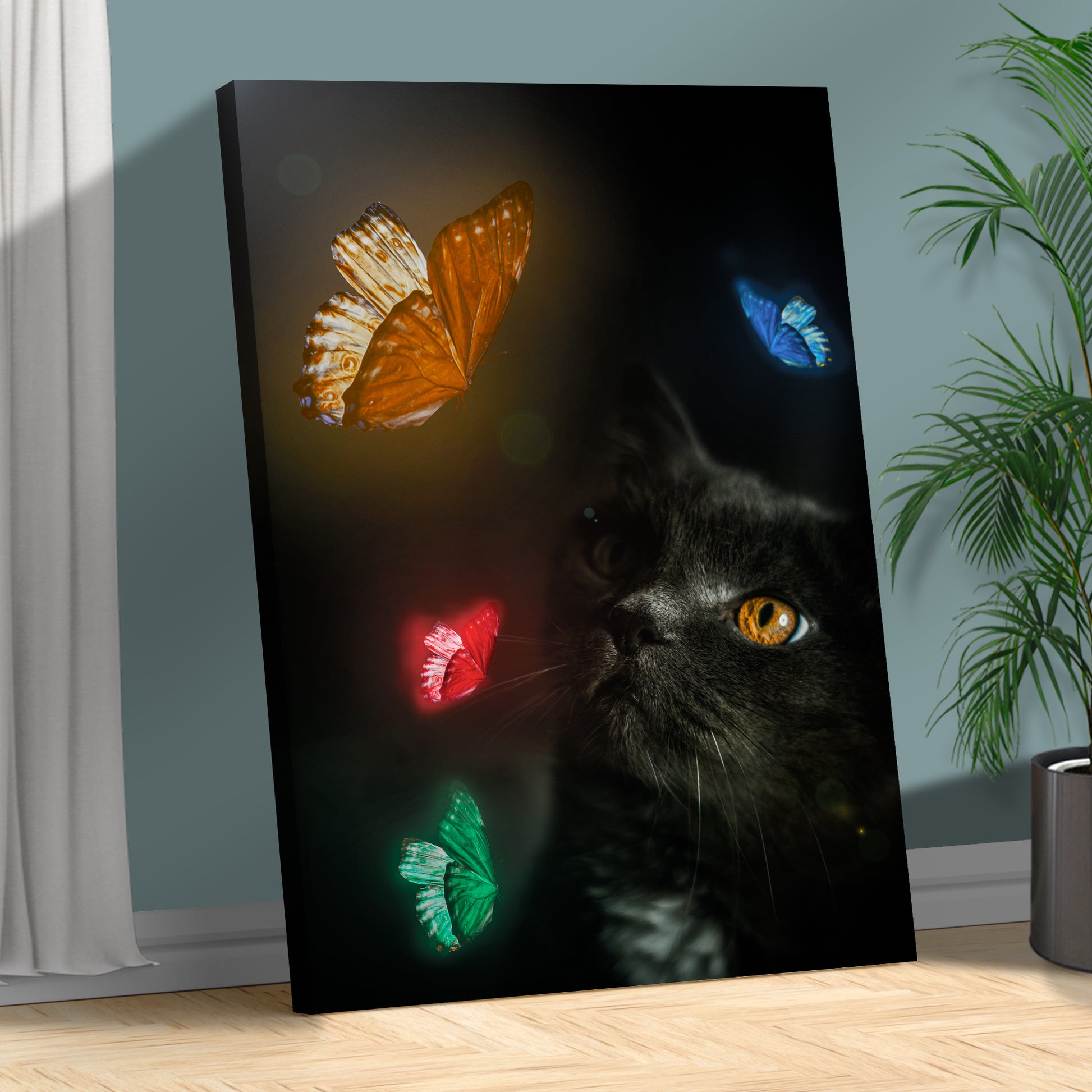 Black Cat With Colorful Butterflies Canvas Wall Art Style 1 - Image by Tailored Canvases