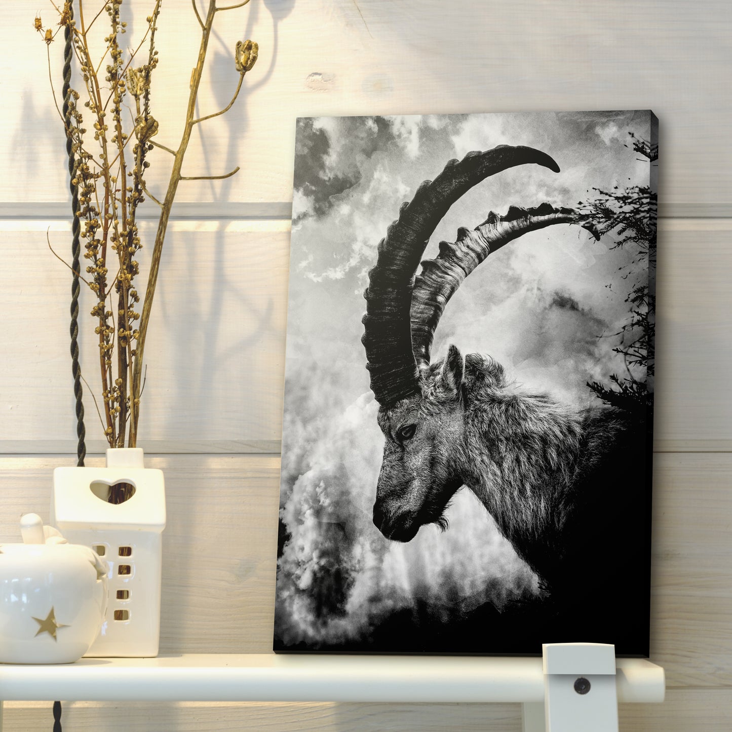 Monochrome Long Horned Goat Canvas Wall Art Style 1 - Image by Tailored Canvases