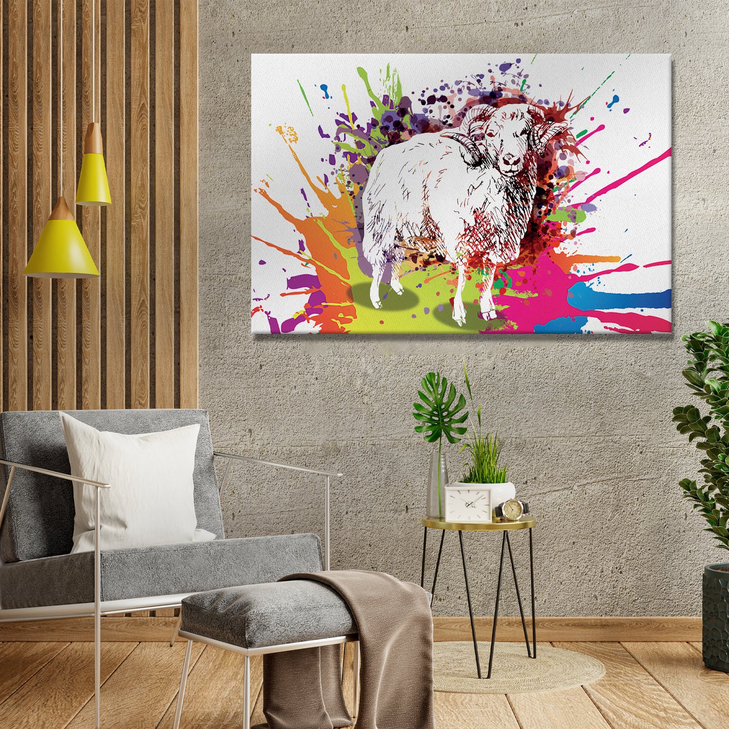 Big Horned Sheep Paint Splash Canvas Wall Art Style 1 - Image by Tailored Canvases