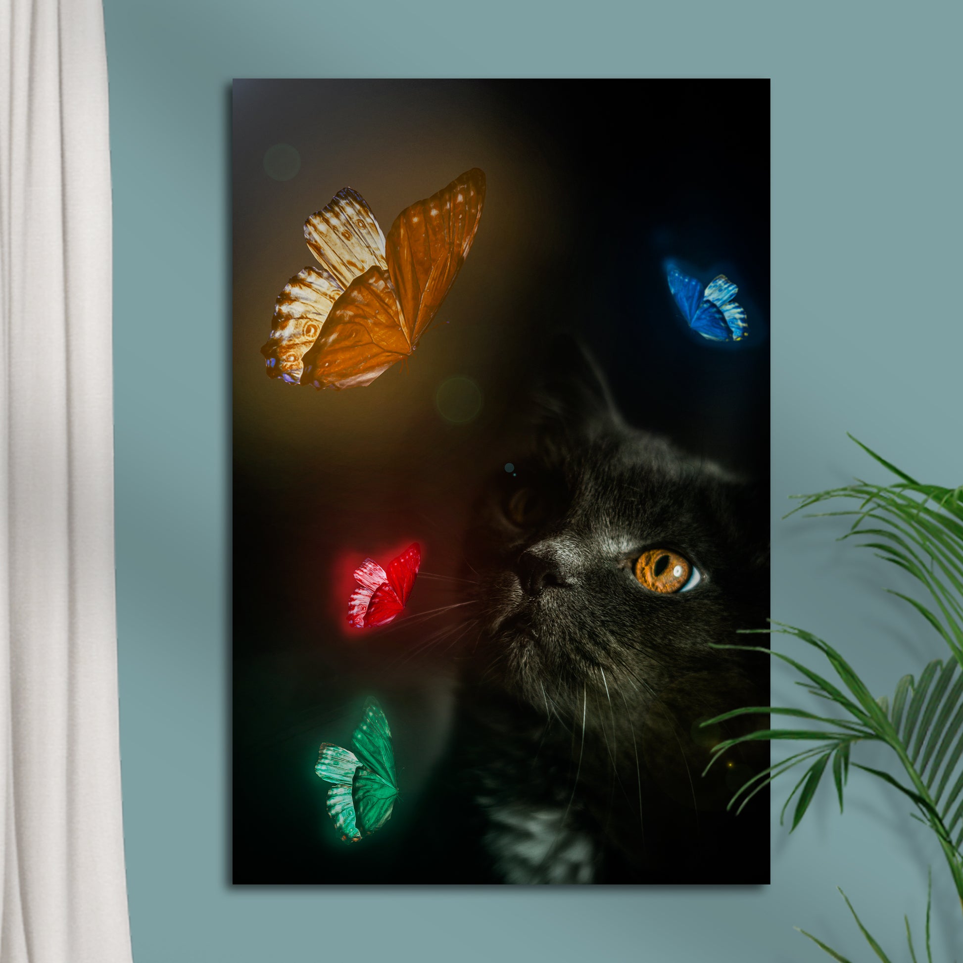 Black Cat With Colorful Butterflies Canvas Wall Art - Image by Tailored Canvases