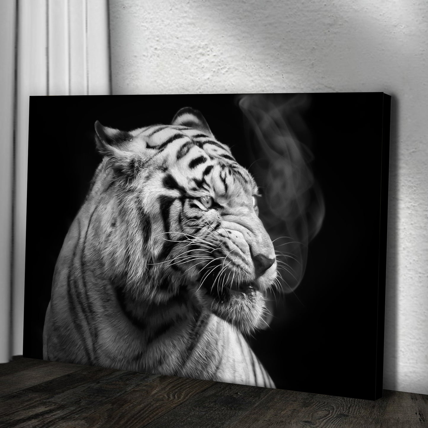Black and White Smoking Tiger Canvas Wall Art Style 2 - Image by Tailored Canvases