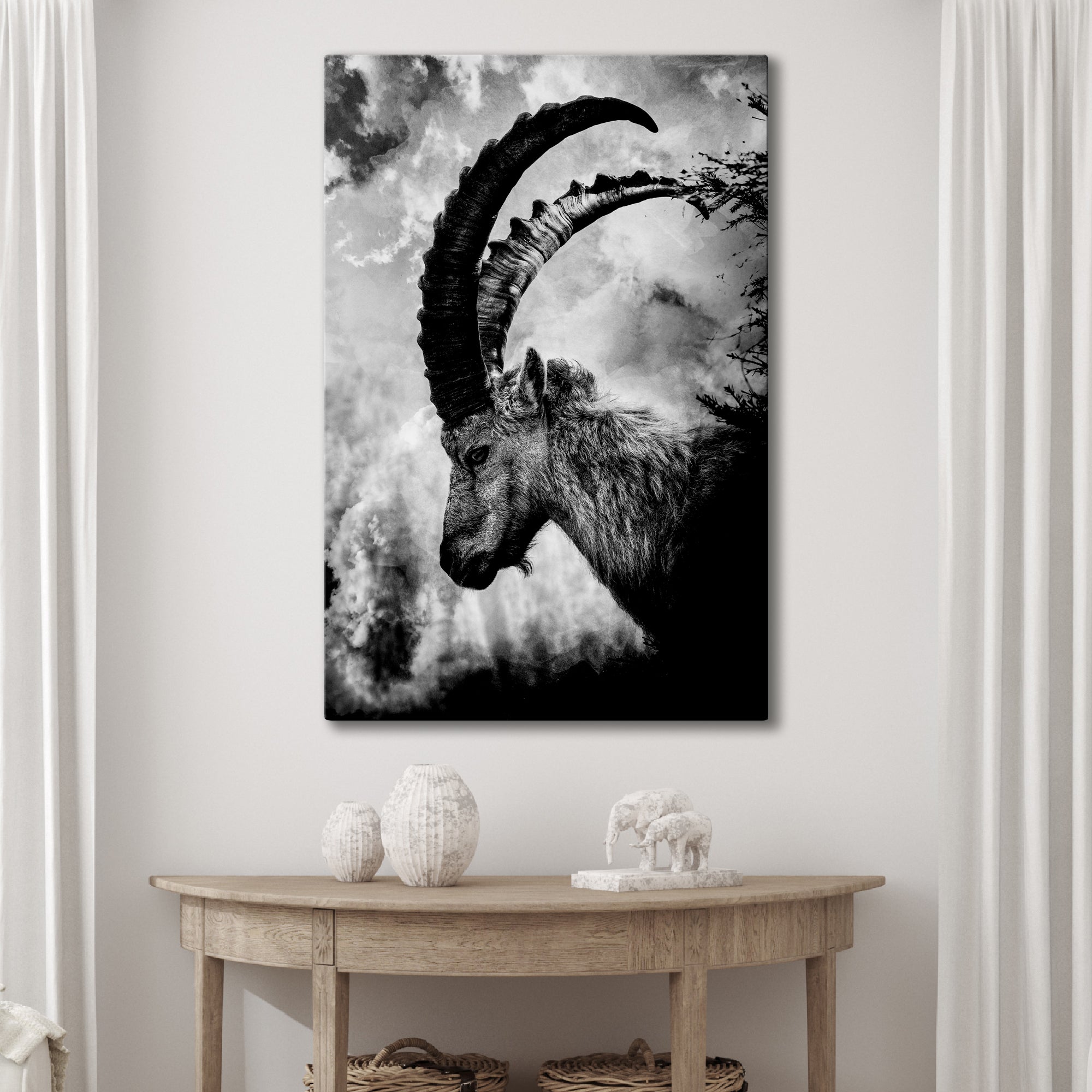 Monochrome Long Horned Goat Canvas Wall Art - Tailored Canvases