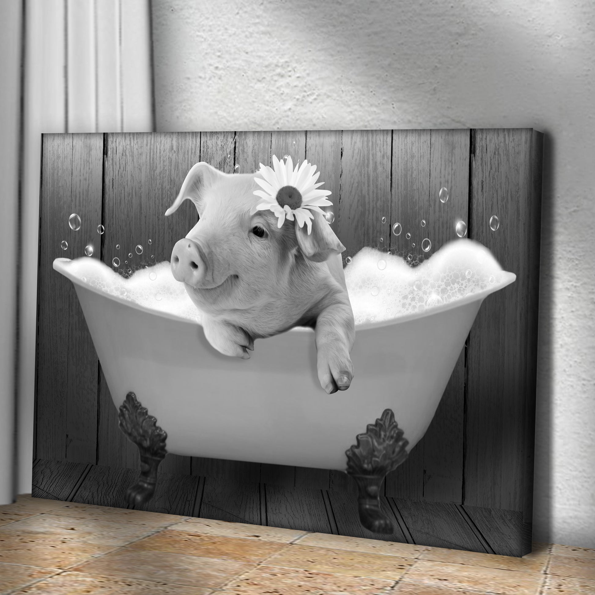 Girly Pig In Bathtub Canvas Wall Art Style 1 - Image by Tailored Canvases