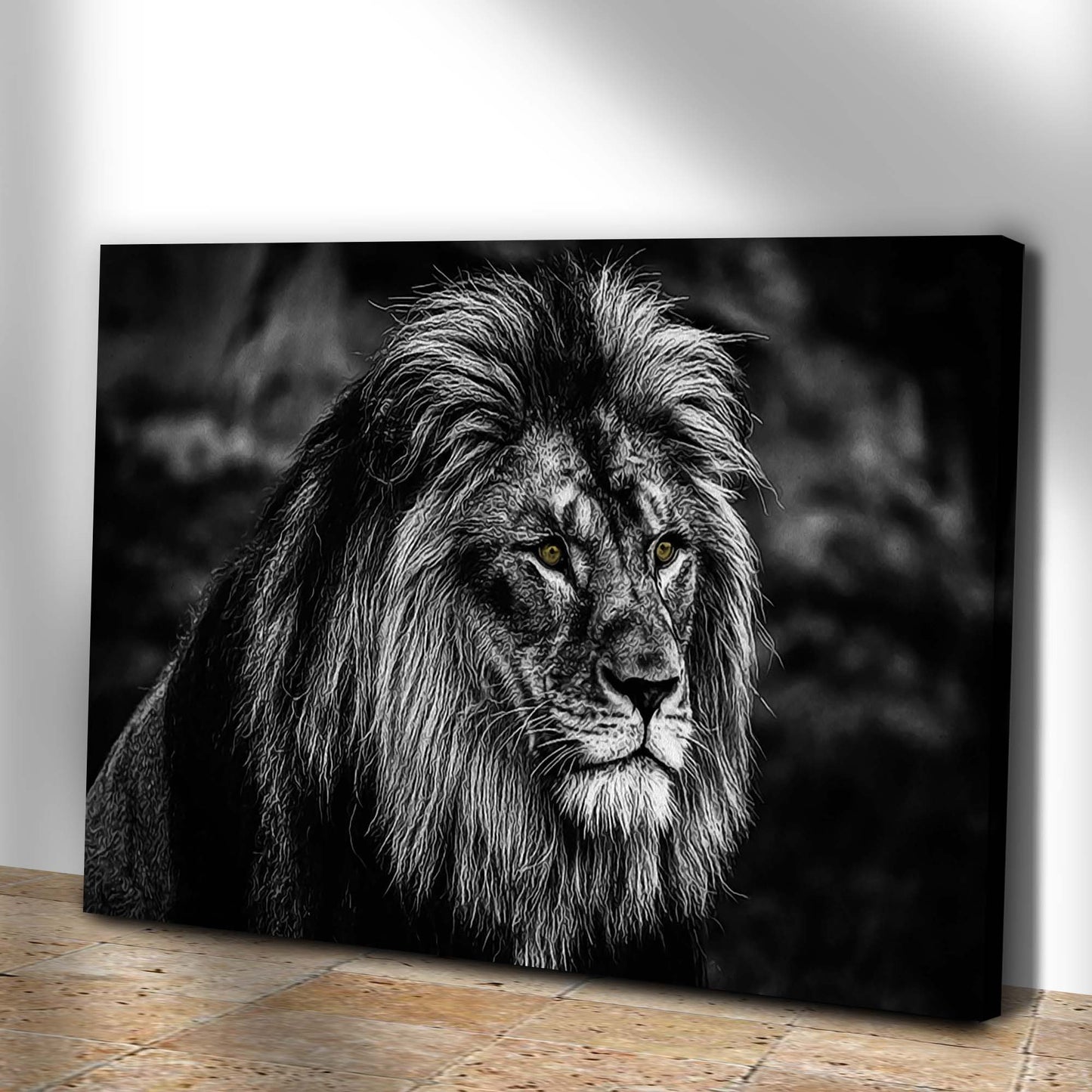Black and White Golden-Eyed Lion Canvas Wall Art Style 2 - Image by Tailored Canvases
