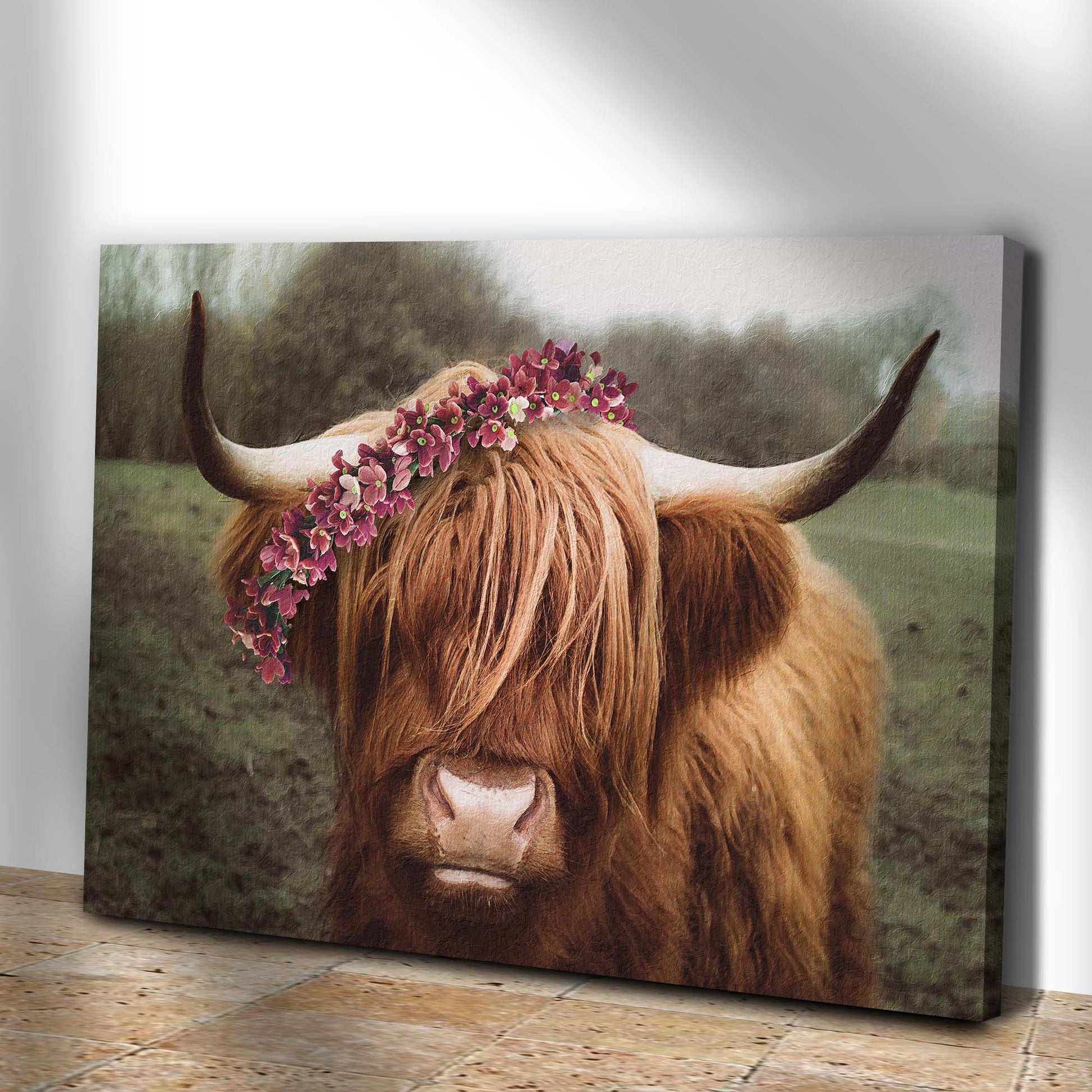 Retro Floral Crown Highland Cow Canvas Wall Art Style 1 - Image by Tailored Canvases
