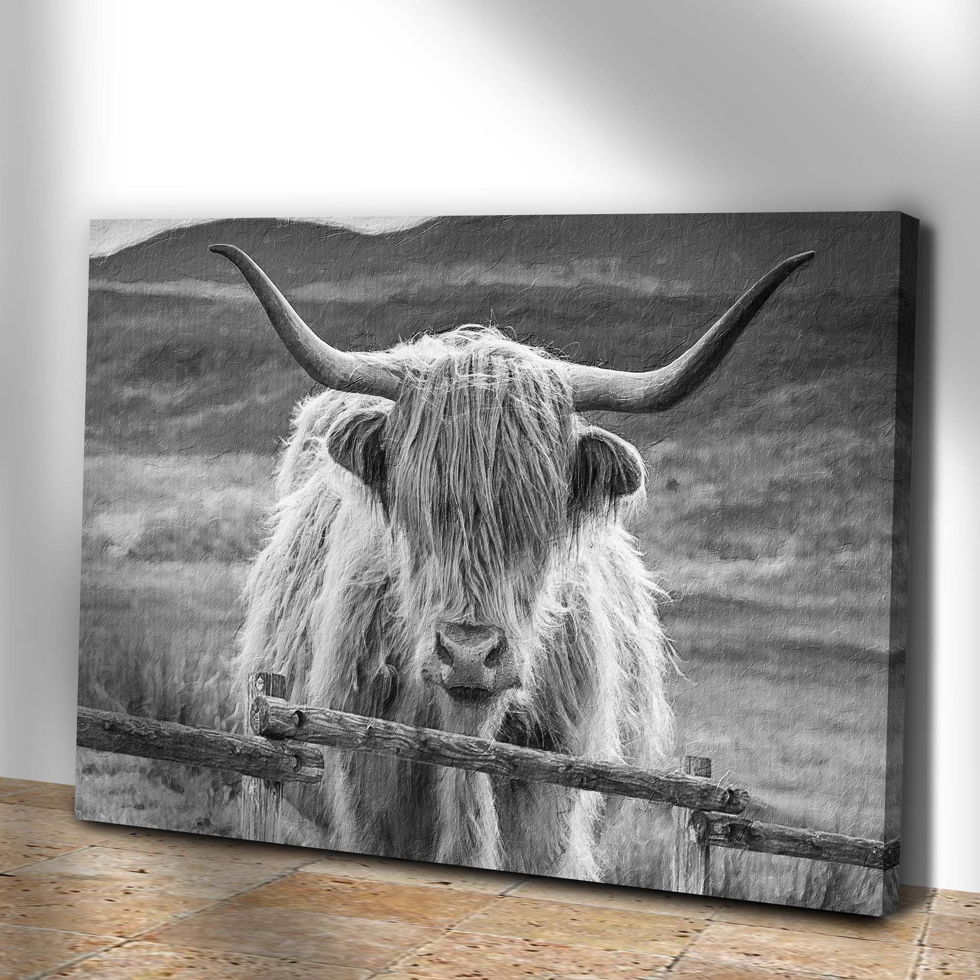 Monochrome Highland Cow Pasture Canvas Wall Art Style 1 - Image by Tailored Canvases