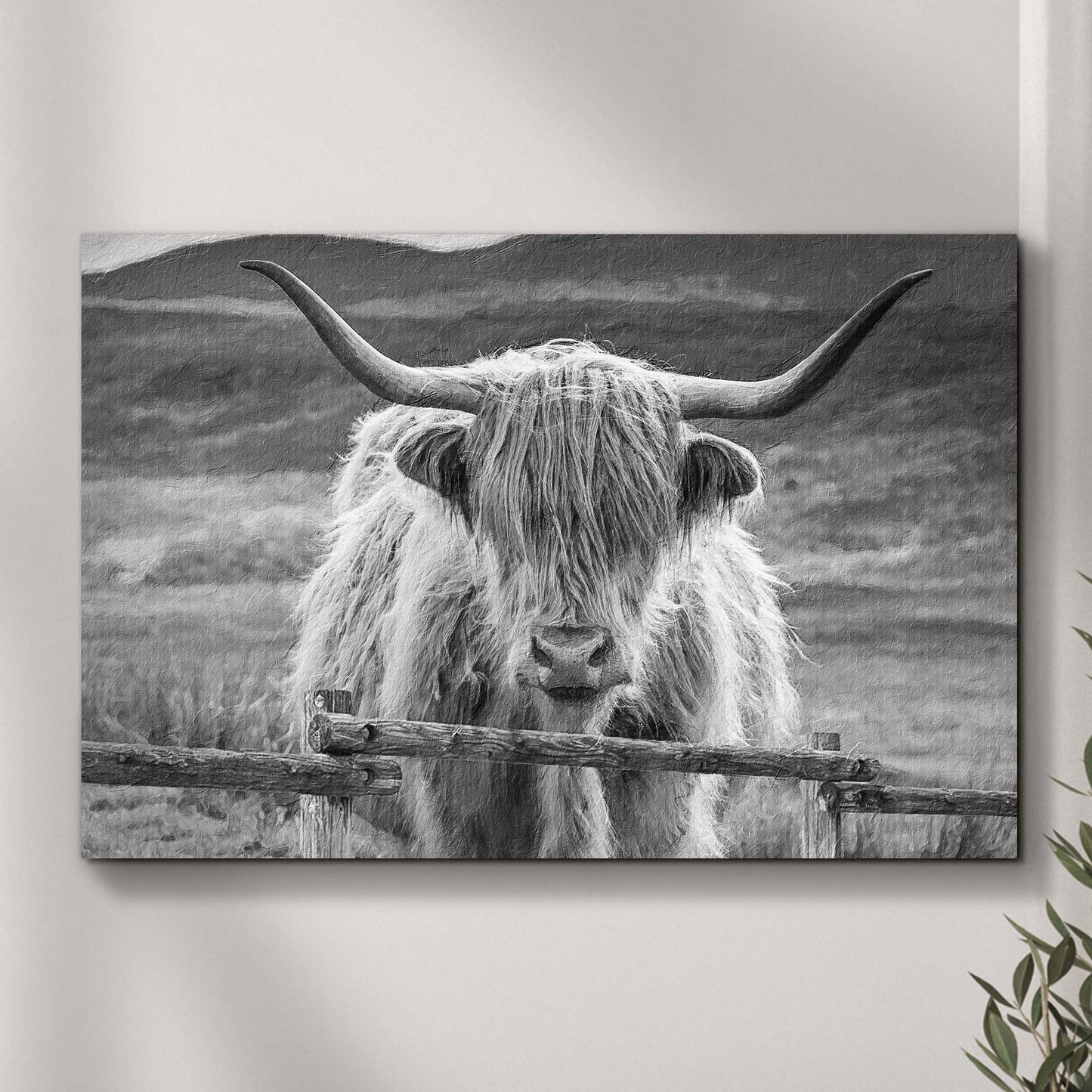 Monochrome Highland Cow Pasture Canvas Wall Art - Image by Tailored Canvases