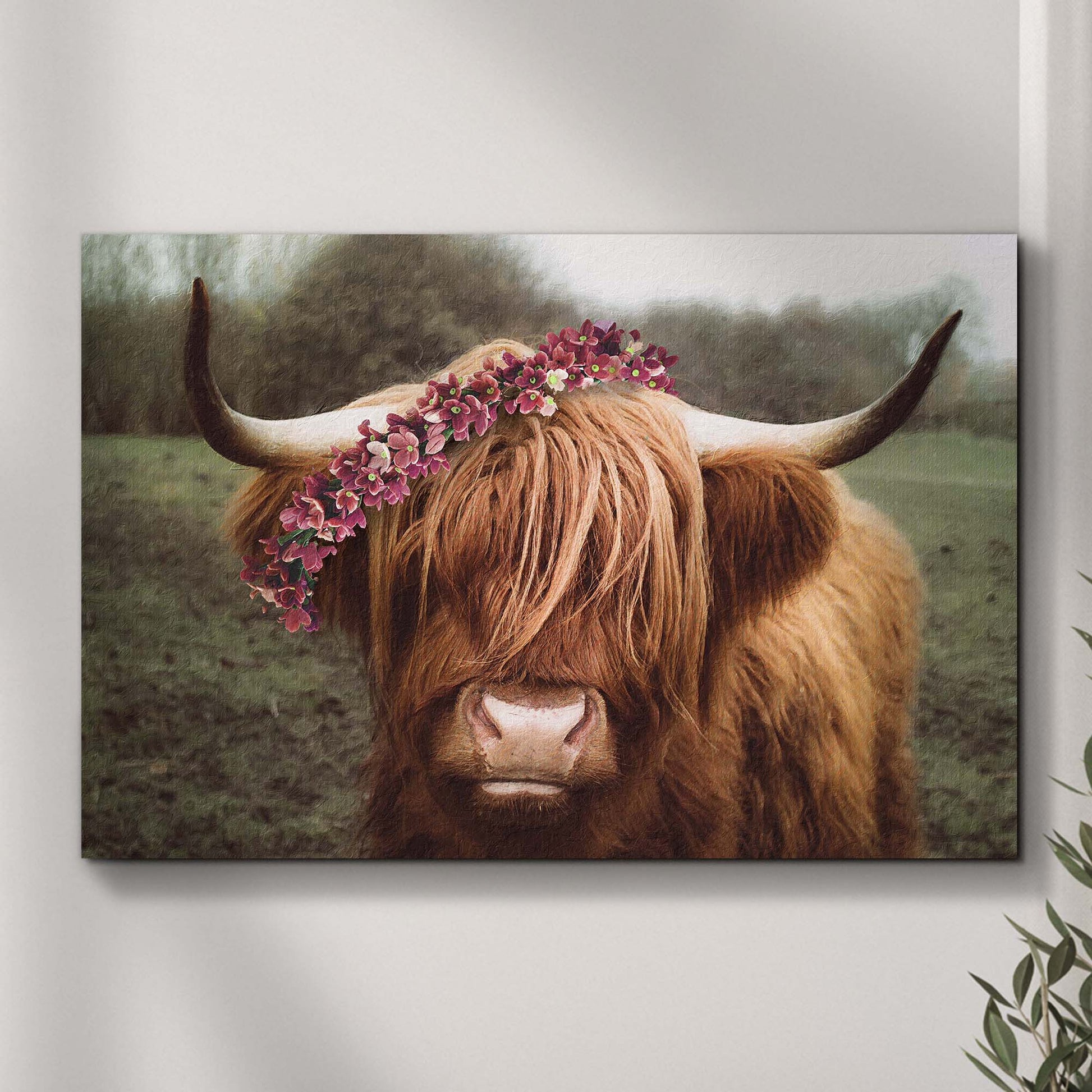Retro Floral Crown Highland Cow Canvas Wall Art - Image by Tailored Canvases