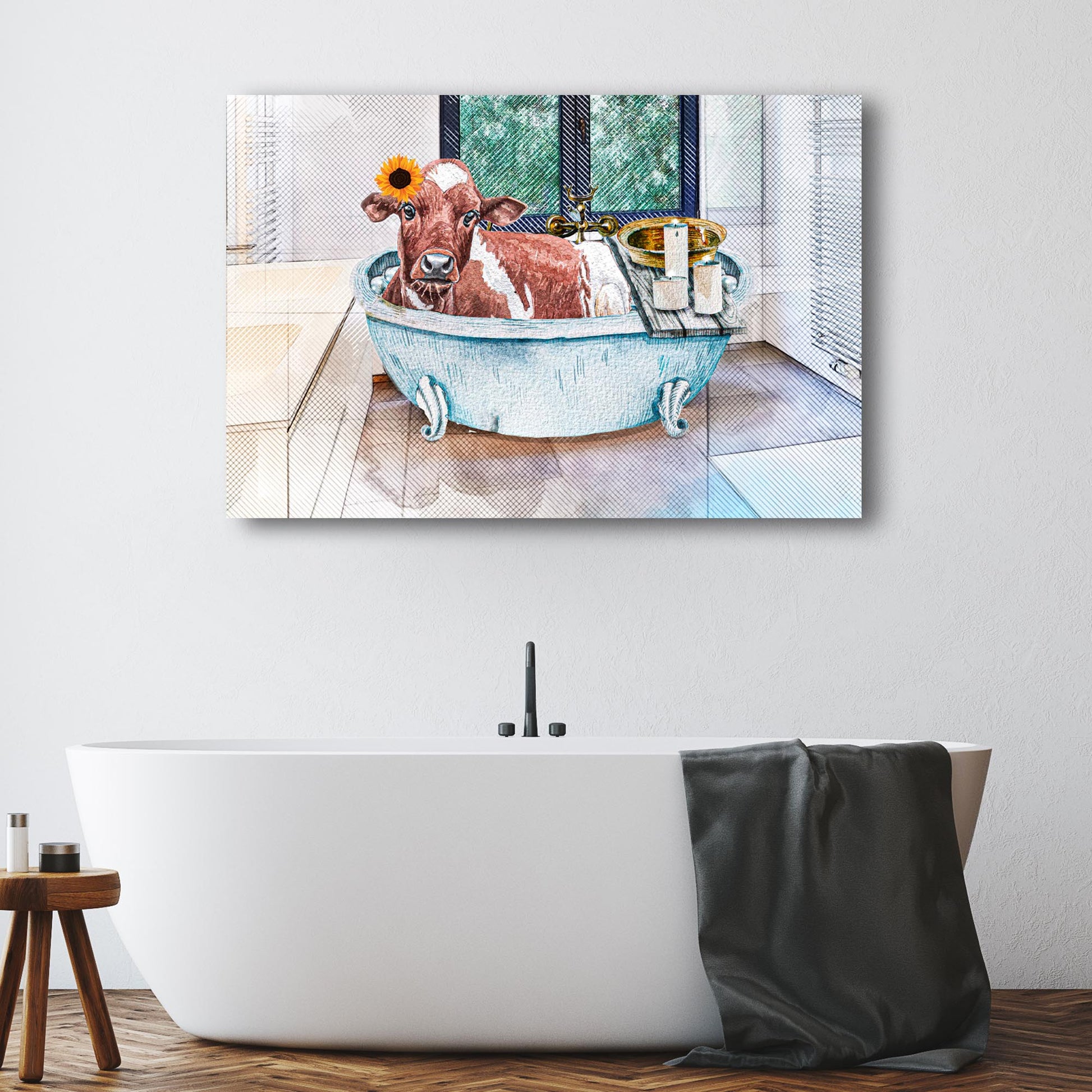 Cow Cattle In Bathtub Canvas Wall Art Style 2 - Image by Tailored Canvases