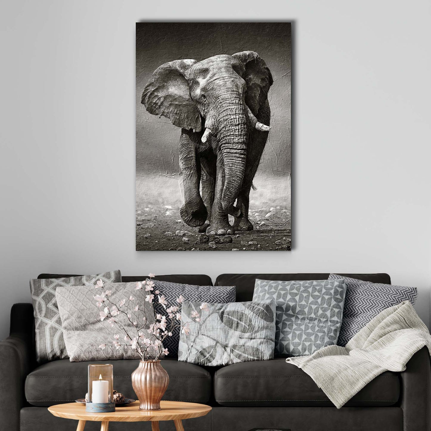 Grayscale Walking Elephant Portrait Canvas Wall Art - Image by Tailored Canvases