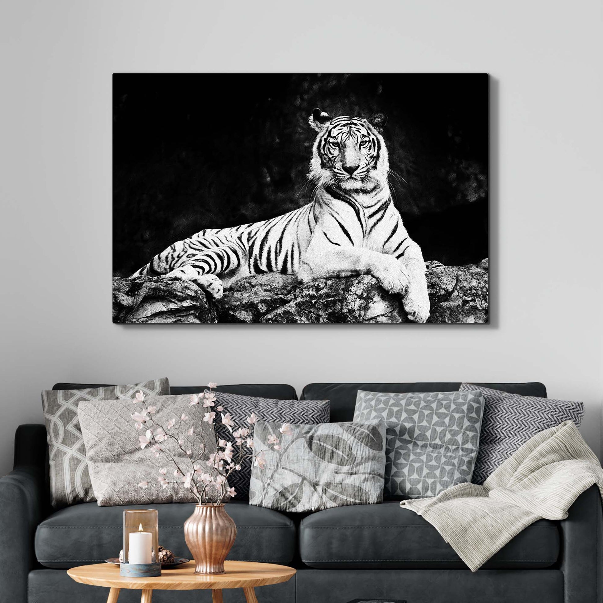 Monochrome Sitting Tiger Canvas Wall Art Style 1 - Image by Tailored Canvases