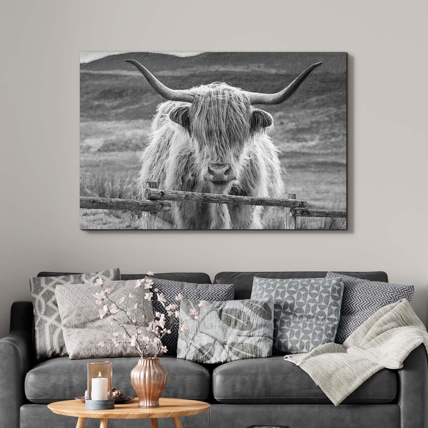 Monochrome Highland Cow Pasture Canvas Wall Art Style 2 - Image by Tailored Canvases
