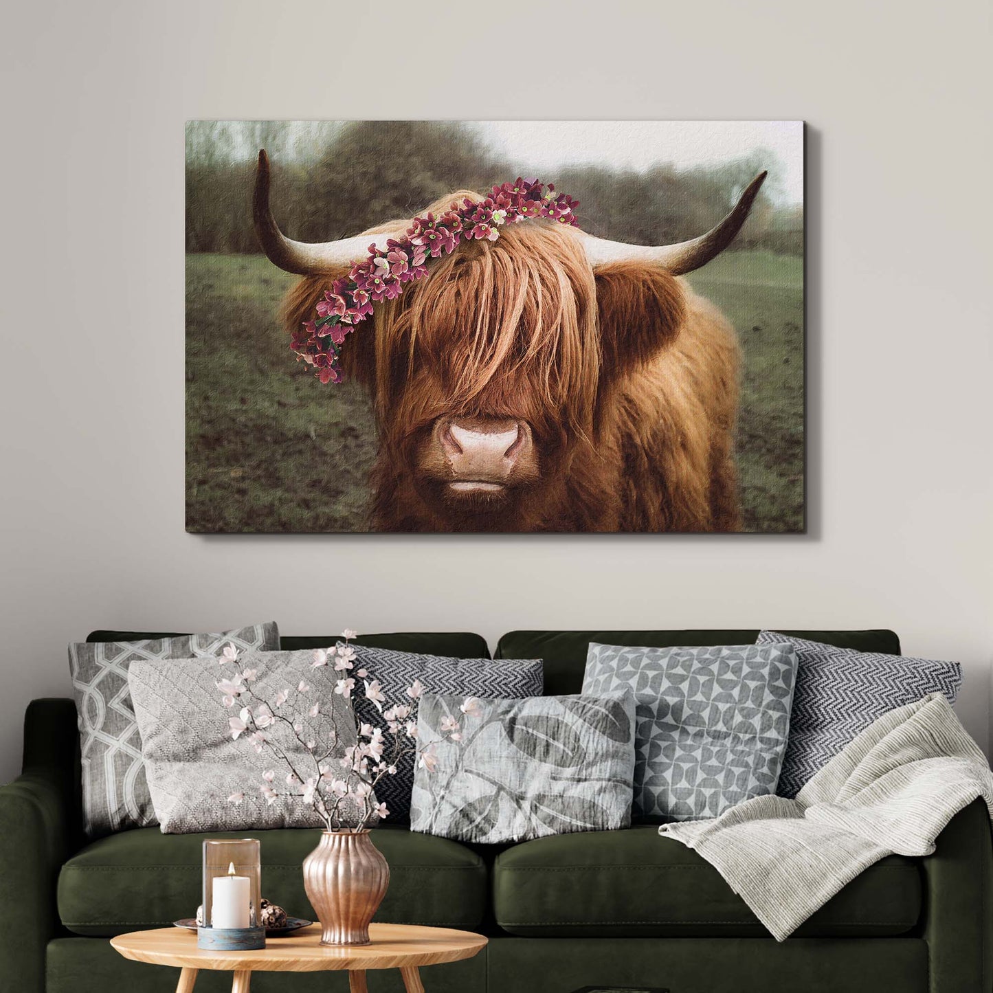Retro Floral Crown Highland Cow Canvas Wall Art Style 2 - Image by Tailored Canvases