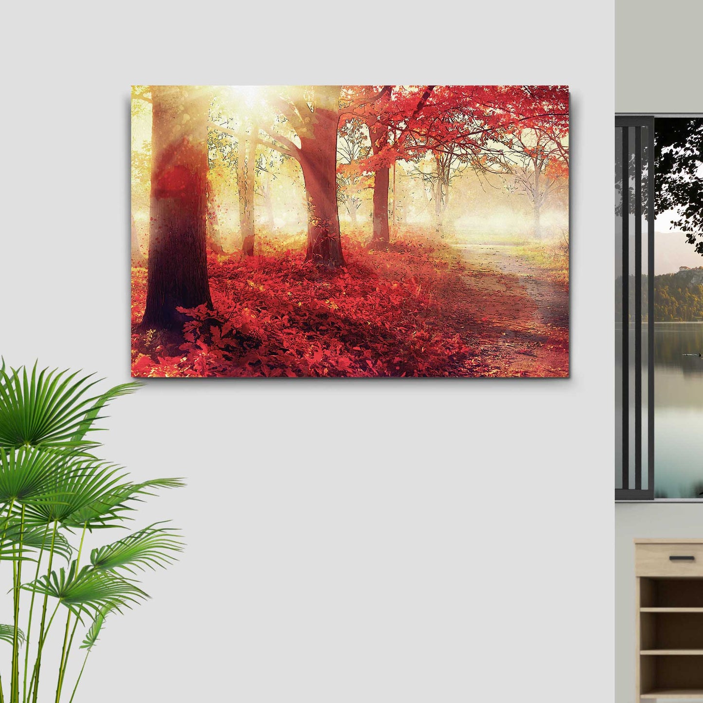 Red Maple Sunrise Path Canvas Wall Art Style 2 - Image by Tailored Canvases