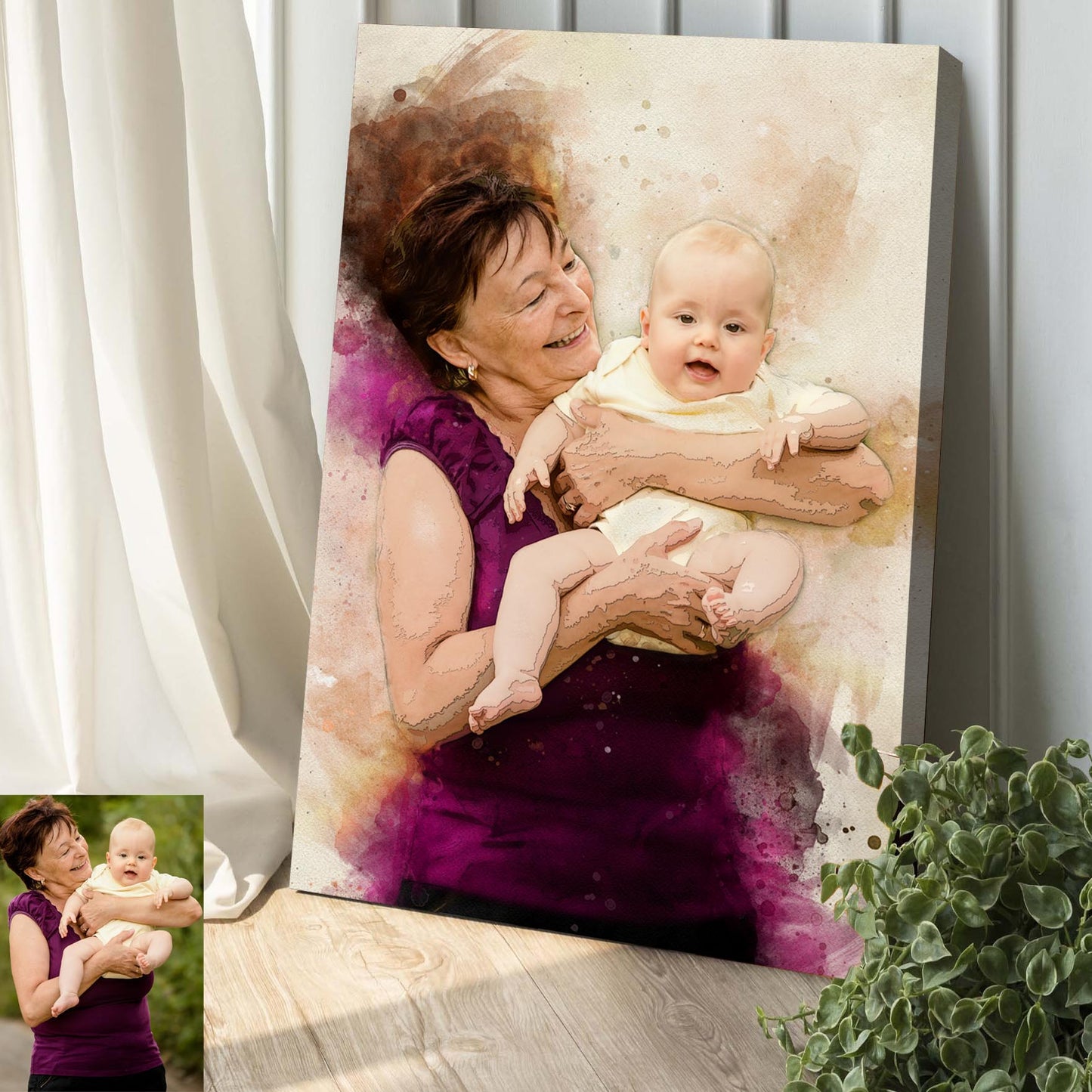 Grandma And Grandchild Watercolor Portrait Sign Style 1 - Image by Tailored Canvases
