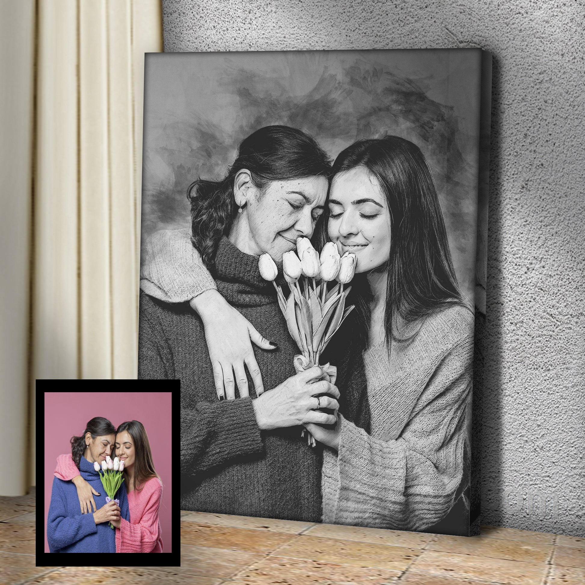 Mother And Daughter Pencil Portrait Sign Style 1 | Customizable Canvas - Image by Tailored Canvases