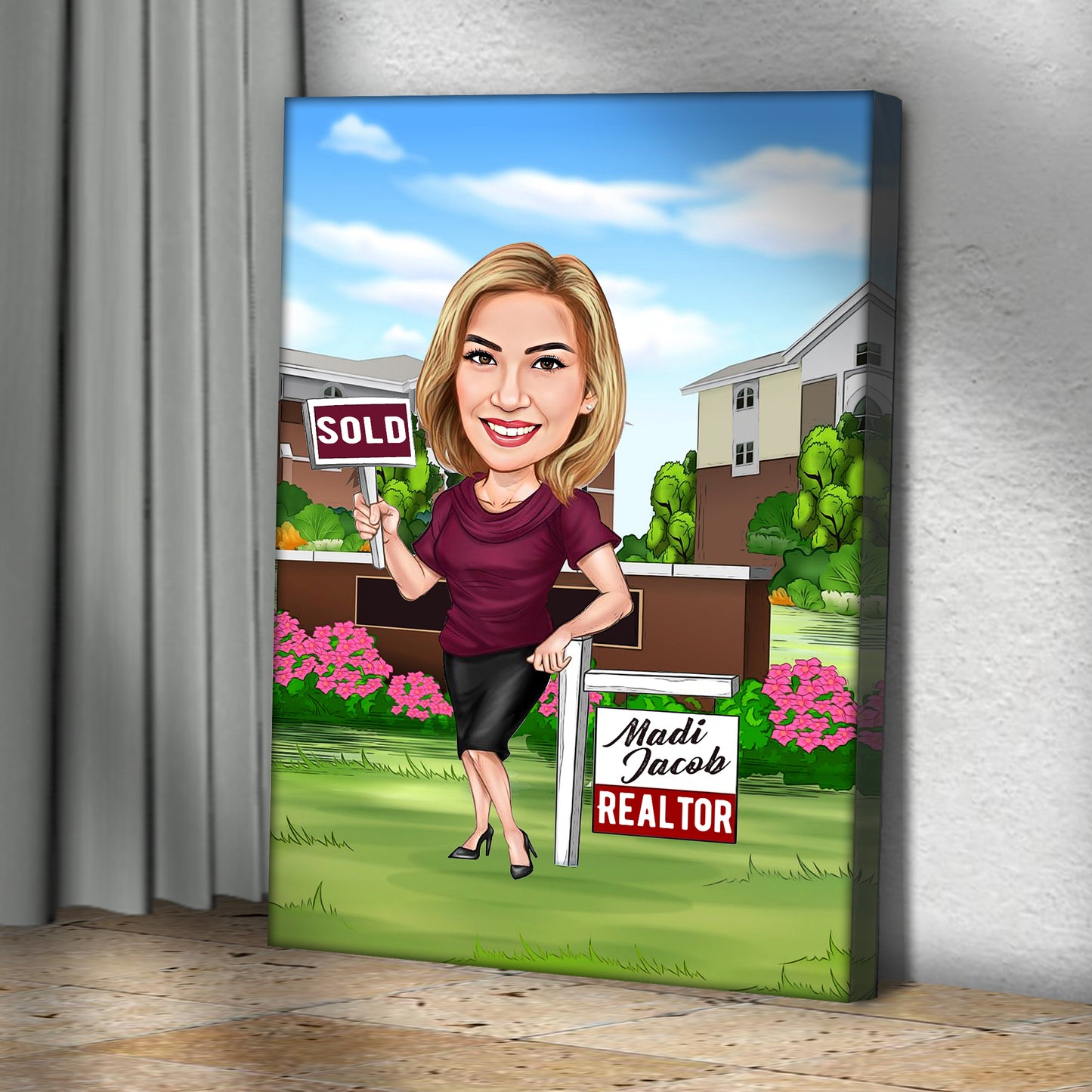 Realtor Cartoon Watercolor Portrait Sign Style 1 - Image by Tailored Canvases