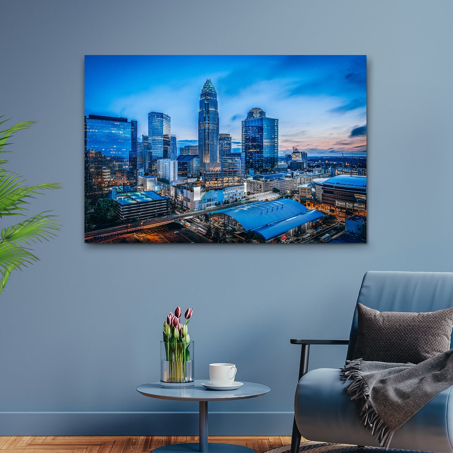 Charlotte Blue Night Skyline Canvas Wall Art Style 2 - Image by Tailored Canvases